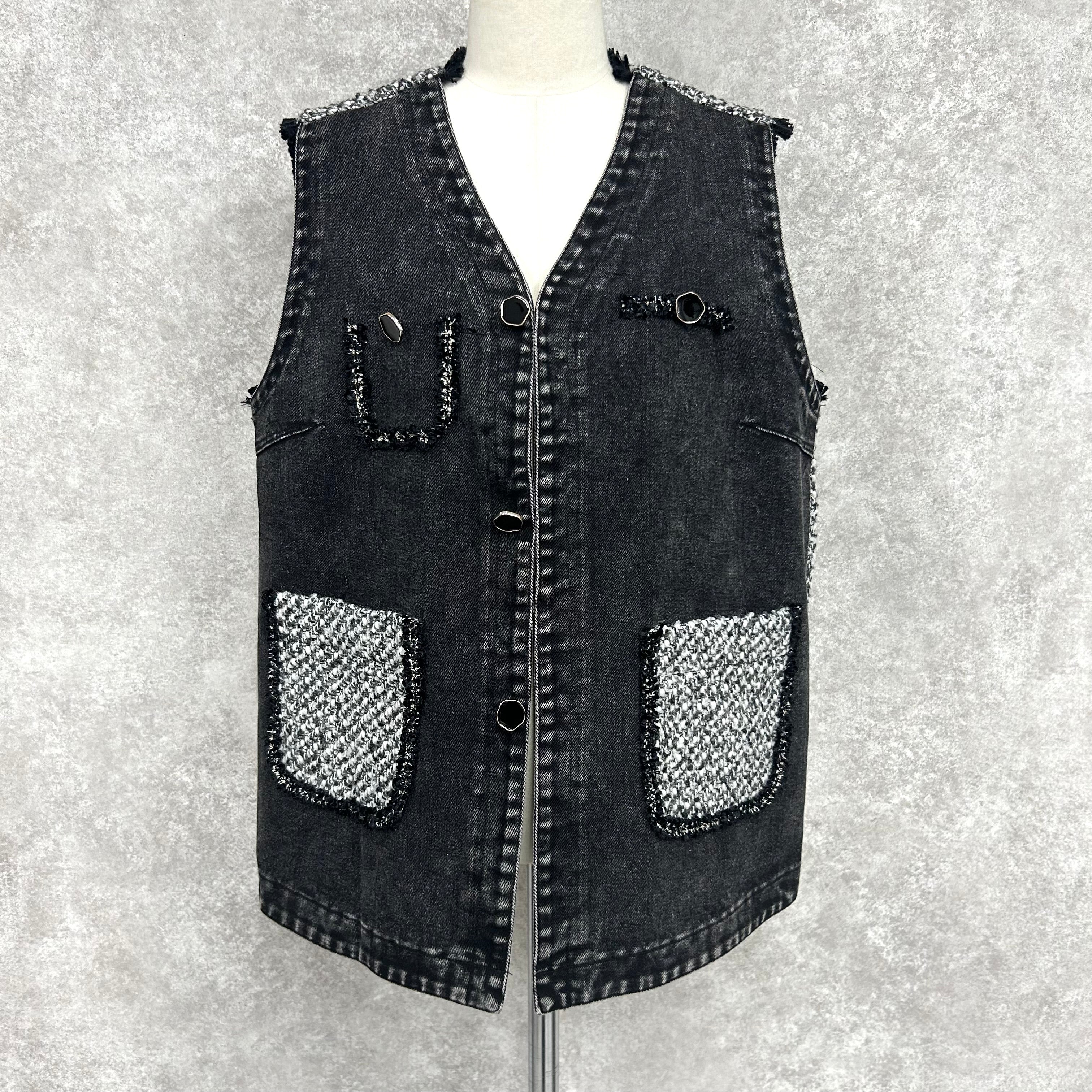 【予約】デニムツイードベスト -ブラック×グレー- ※ハンガー納品 ※1月上旬〜中旬頃より順次発送予定