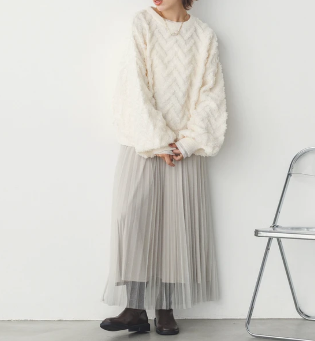 【WQN4964-03】ラメチュール チュールプリーツスカート -オフベージュ- ※12/5-11頃より順次配送予定