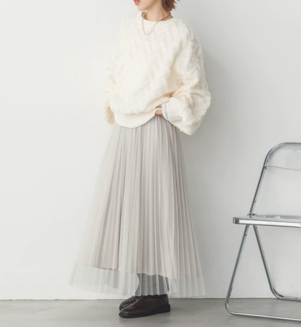 【WQN4964-03】ラメチュール チュールプリーツスカート -オフベージュ- ※12/5-11頃より順次配送予定
