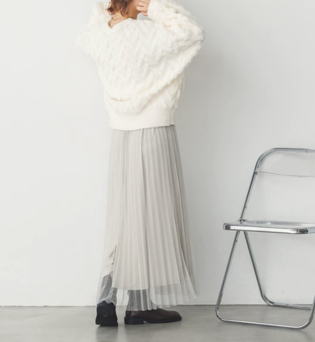 【WQN4964-03】ラメチュール チュールプリーツスカート -オフベージュ- ※12/5-11頃より順次配送予定