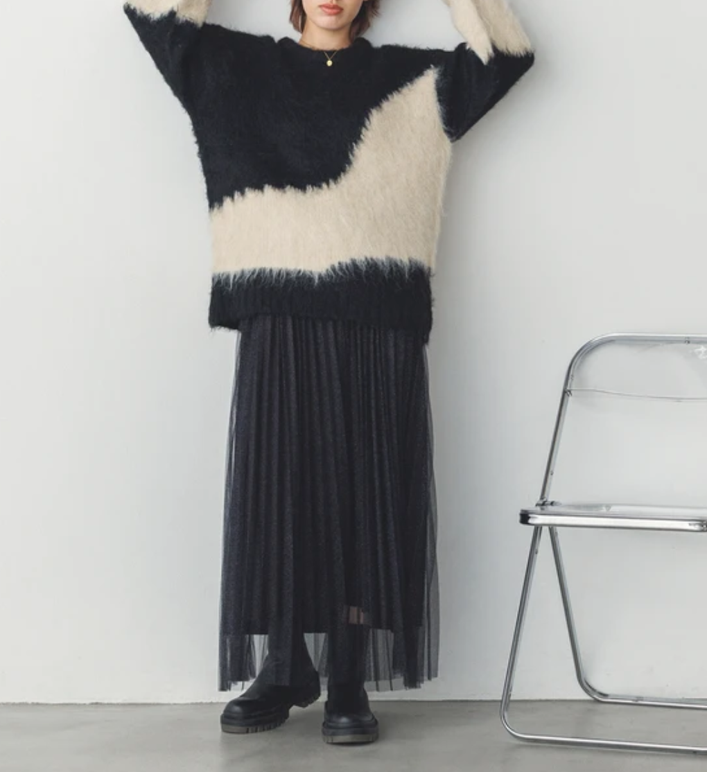 【WQN4964-07】ラメチュール チュールプリーツスカート -ブラック- ※11/4-11頃より順次配送予定