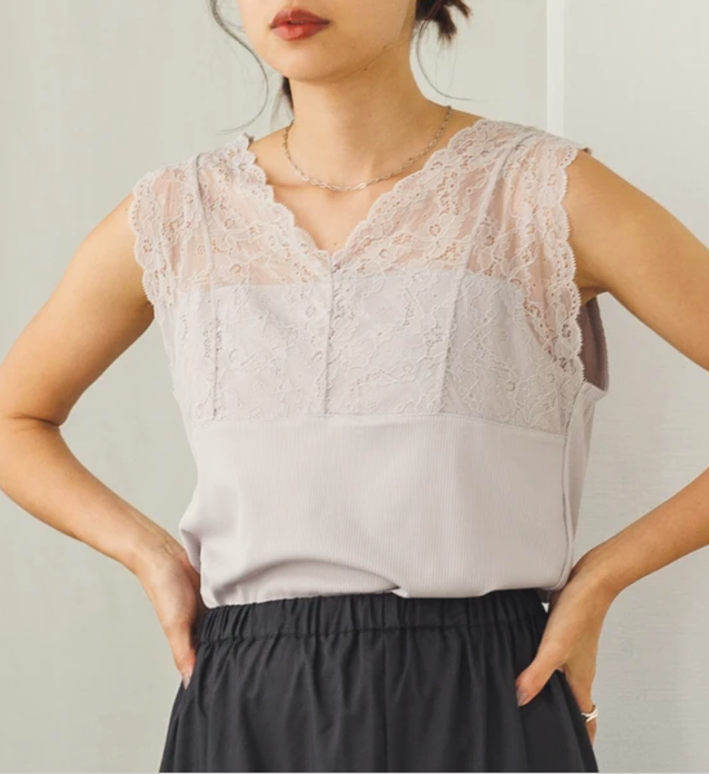 【WYS6710-06】リブ+レース タンクトップ -グレージュ- ※11/4-11頃より順次配送予定