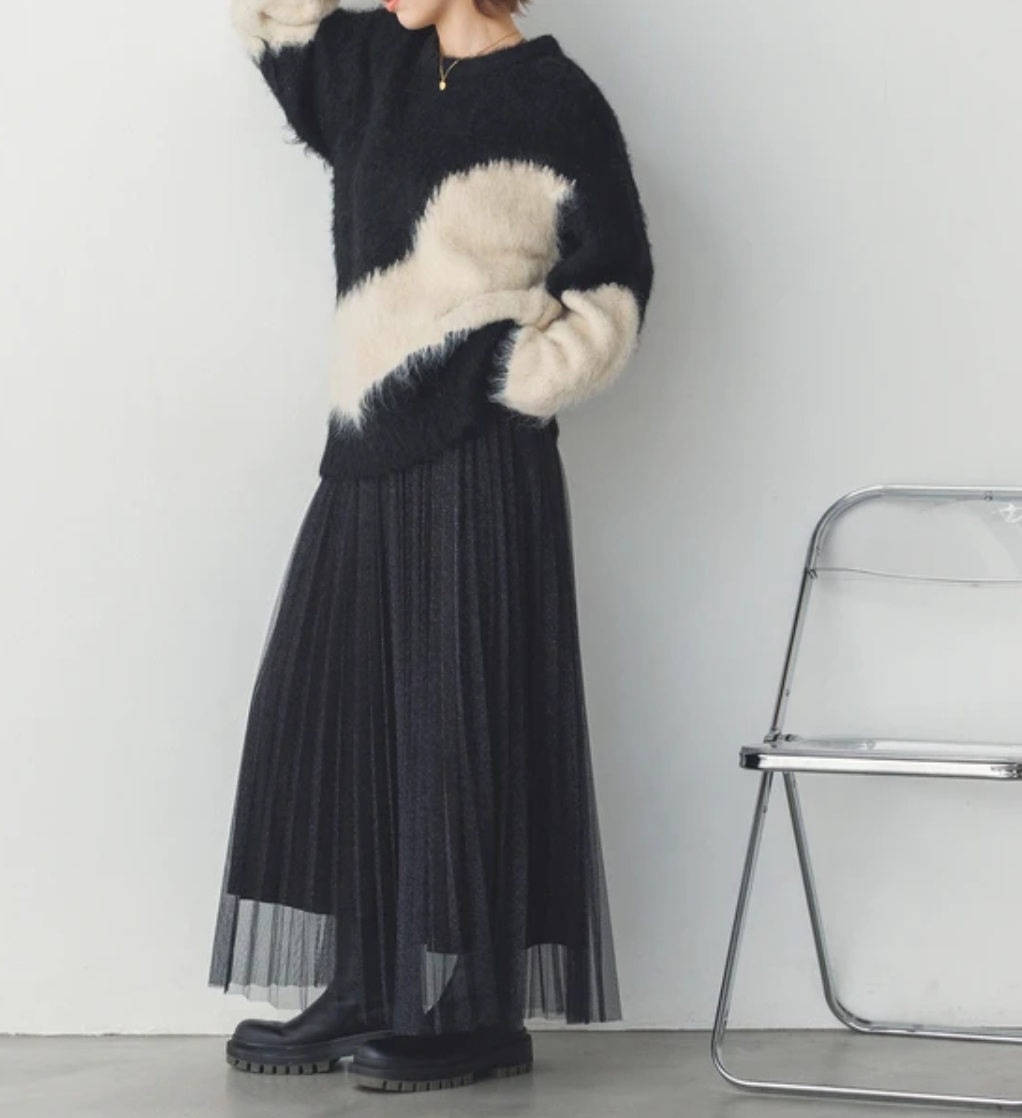 【WQN4964-07】ラメチュール チュールプリーツスカート -ブラック- ※11/4-11頃より順次配送予定