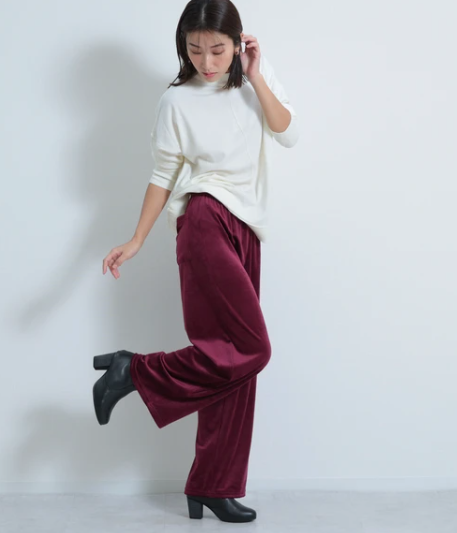 ストレッチベロアロングパンツ ワインレッド ※11/26〜12/2頃より順次発送予定