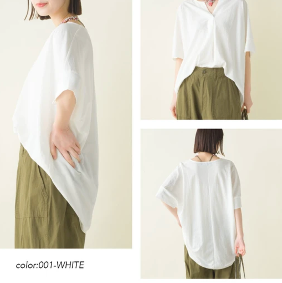 接触冷感レーヨンナイロン キーネック半袖プルオーバー Tシャツ ホワイト ※2/4~10頃より順次配送予定