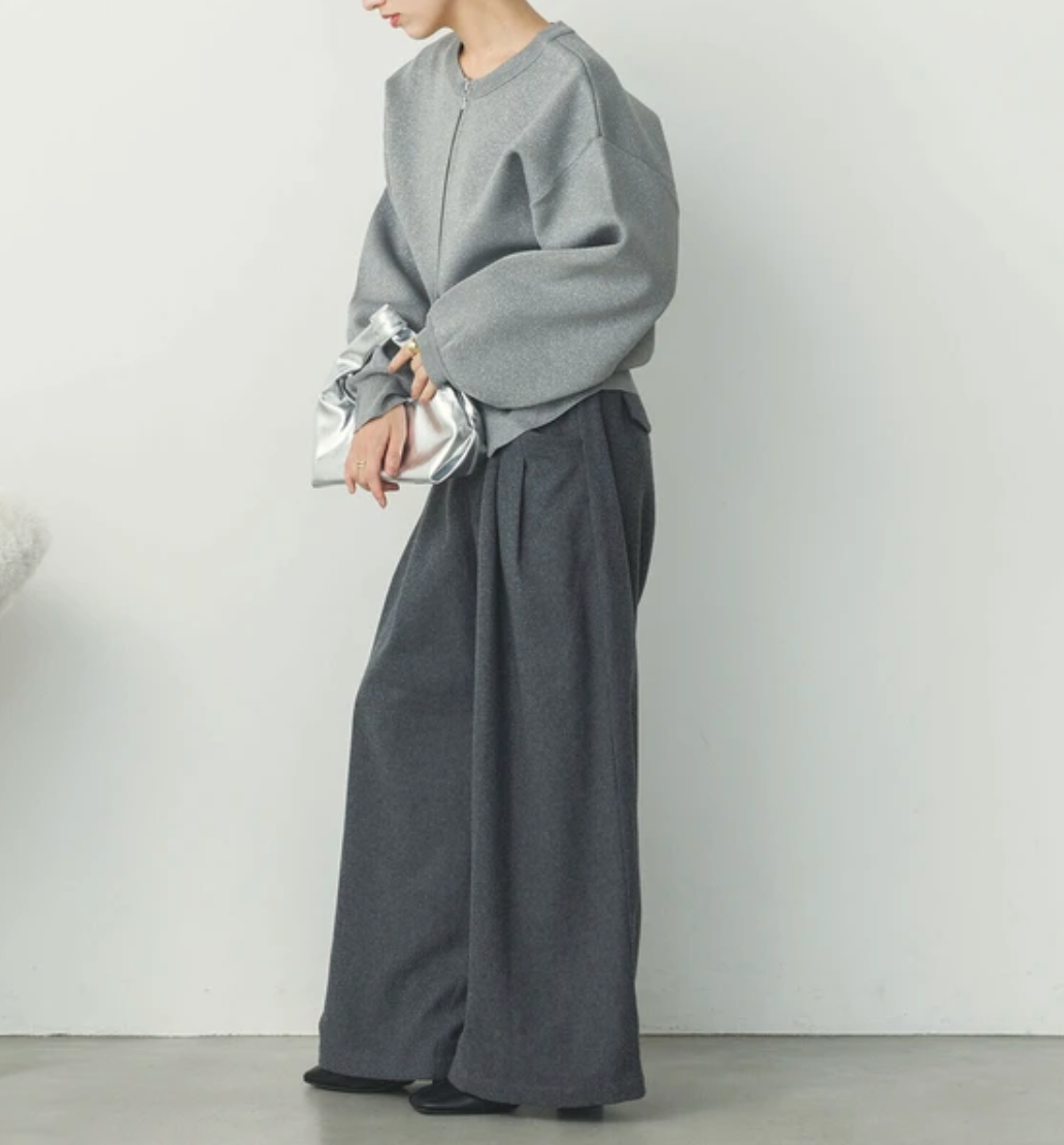 【hunch】ジャガード編み ジップショートカーディガン -シルバー【ラメあり】‐ ※3月26日~4月1日迄に順次発送予定