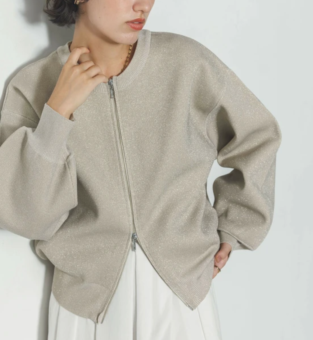 【hunch】ジャガード編み ジップショートカーディガン -ゴールド【ラメあり】‐ ※3月26日~4月1日迄に順次発送予定