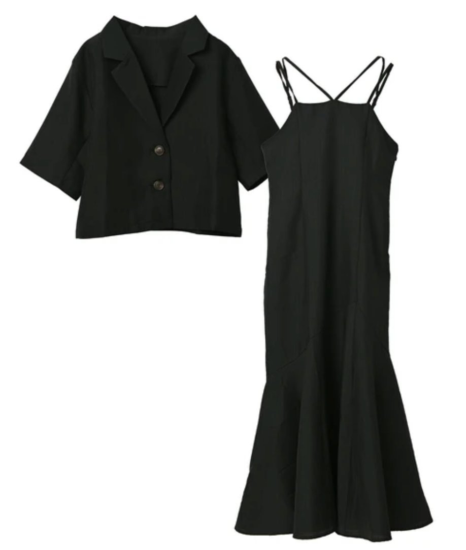 リネンライクジャケット×ワンピースセット ブラック ※5/28〜6/3頃より順次配送予定