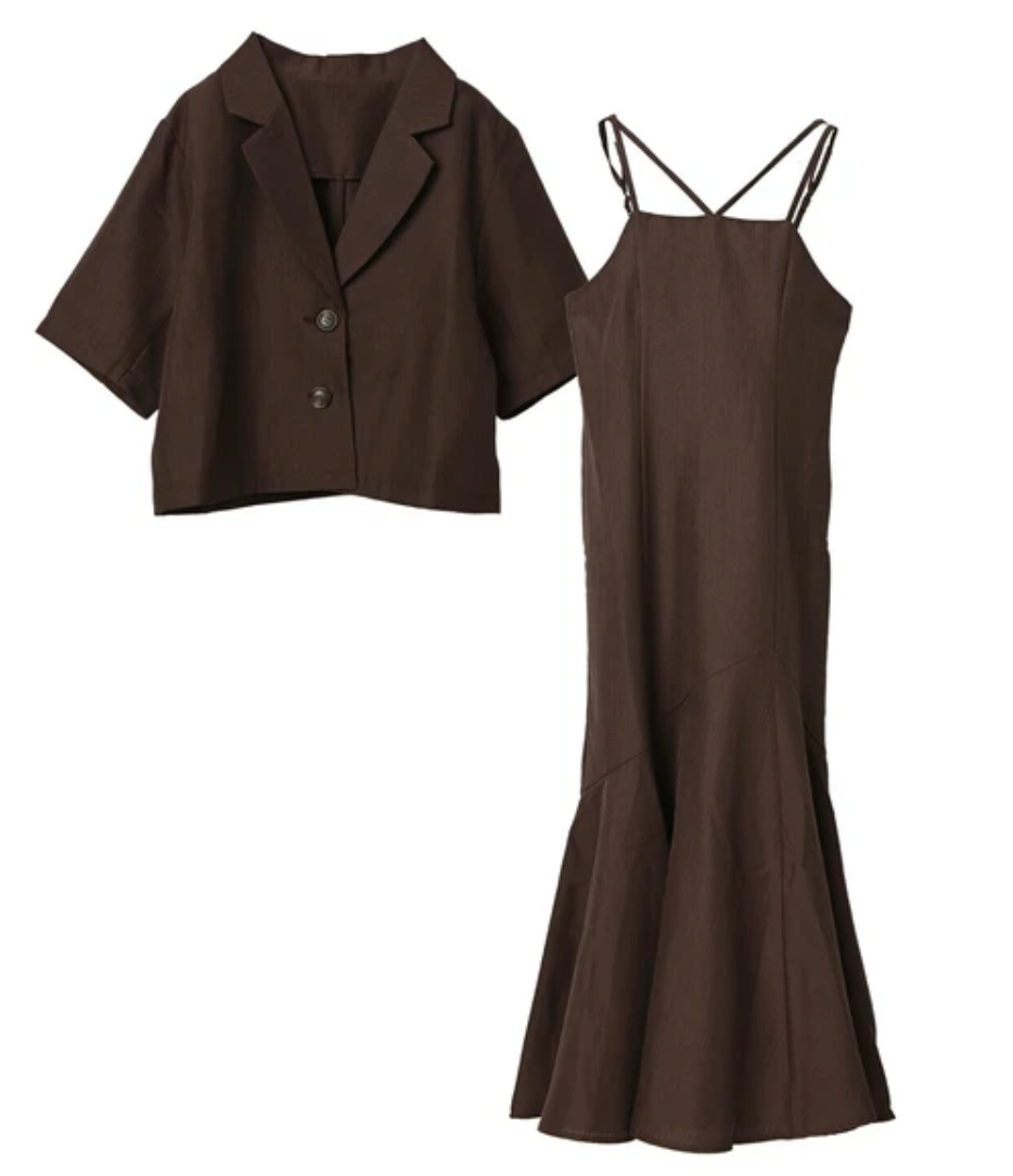 リネンライクジャケット×ワンピースセット ブラウン ※5/28〜6/3頃より順次配送予定