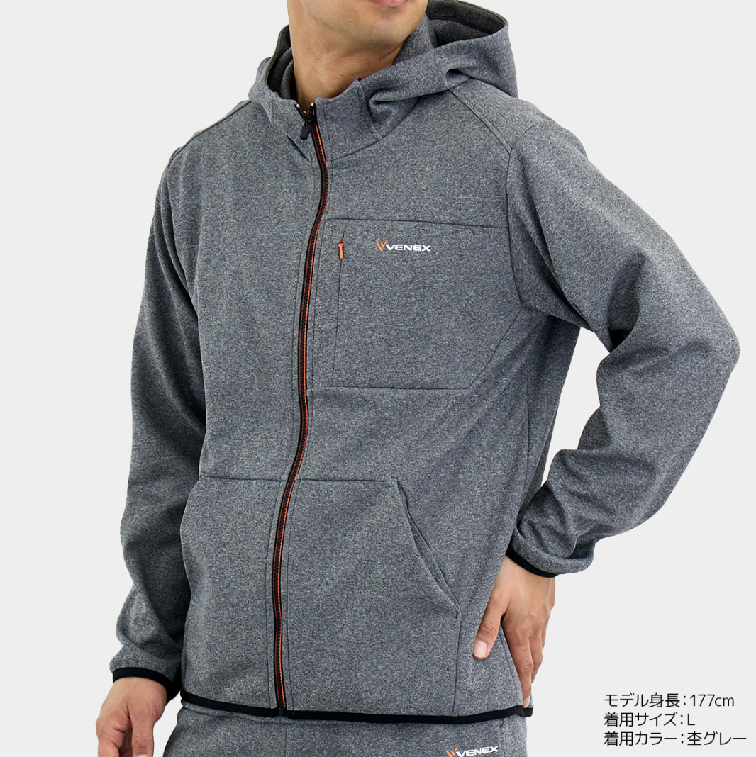 【宇多社長愛用💟】 VENEX リカバリームーヴ ジップアップフードジャケット メンズ -杢グレー- ※4/16-22頃より配送予定