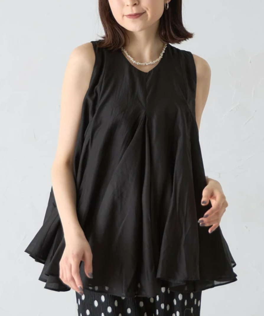 シアーレイヤードフレアデザインノースリーブトップス -ブラック- ※5/7~5/13迄に順次発送予定