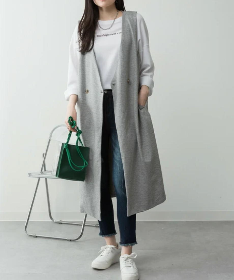 ミニ裏毛ノーカラーリラックスロングベスト -杢グレー- ※5/28~6/3迄に順次発送予定