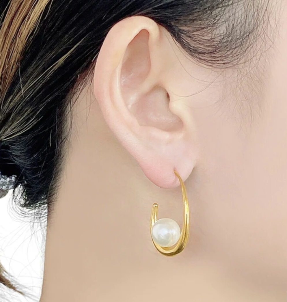パール付ドロップフープステンレスピアス -ゴールド- 30mm ※7/2~7/8迄に順次発送予定