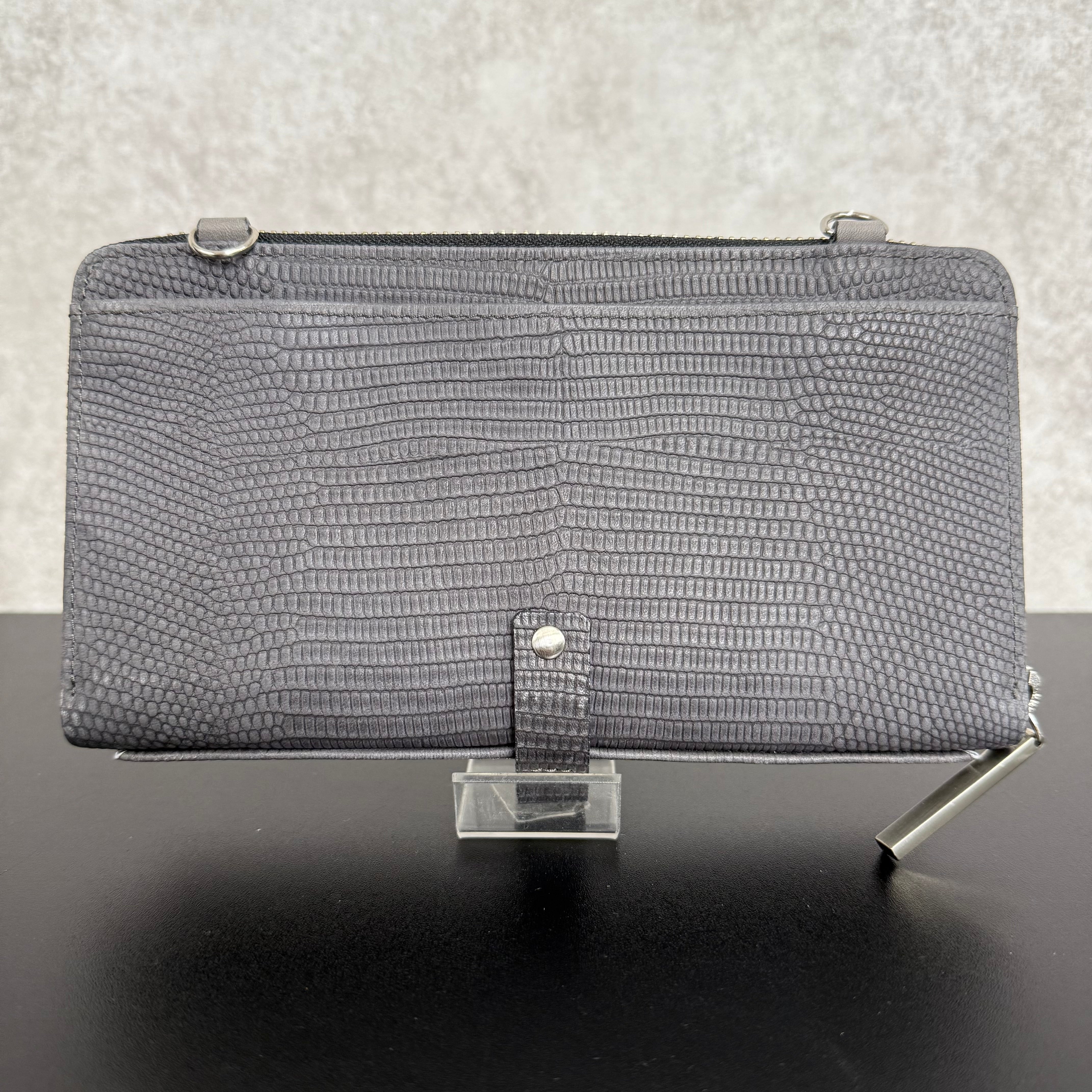 【MUL008】ウォレットショルダー -グレー‐ リザード型押し シルバー金具 チェーンショルダー ピンクライン入り ※7/2〜7/12より事務所から順次発送予定