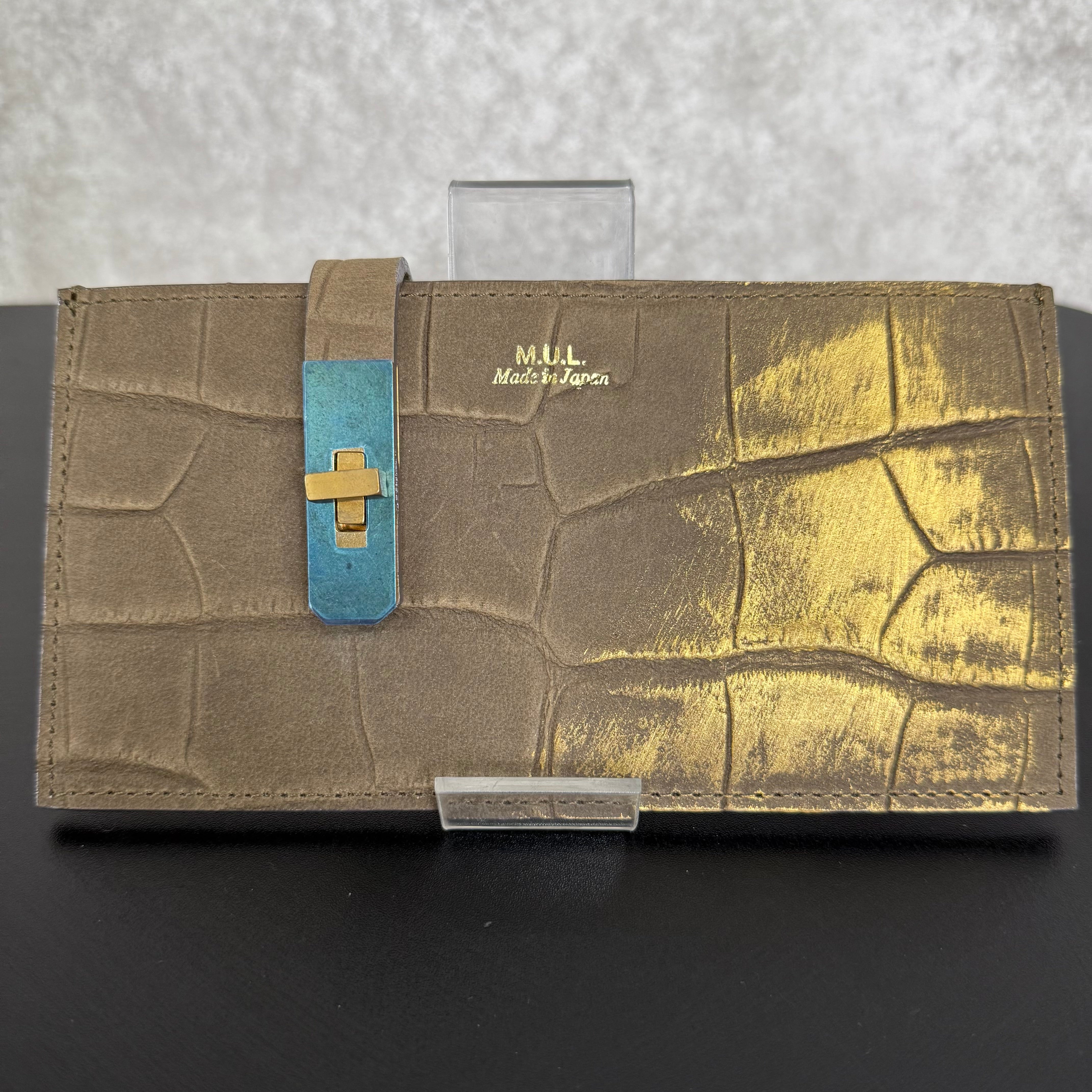 【MUL027】フラットロングウォレット ‐ヌバックベージュ‐ クロコダイル型押し 真鍮金具 ゴールドライン入り ※7/2〜7/12より事務所から順次発送予定