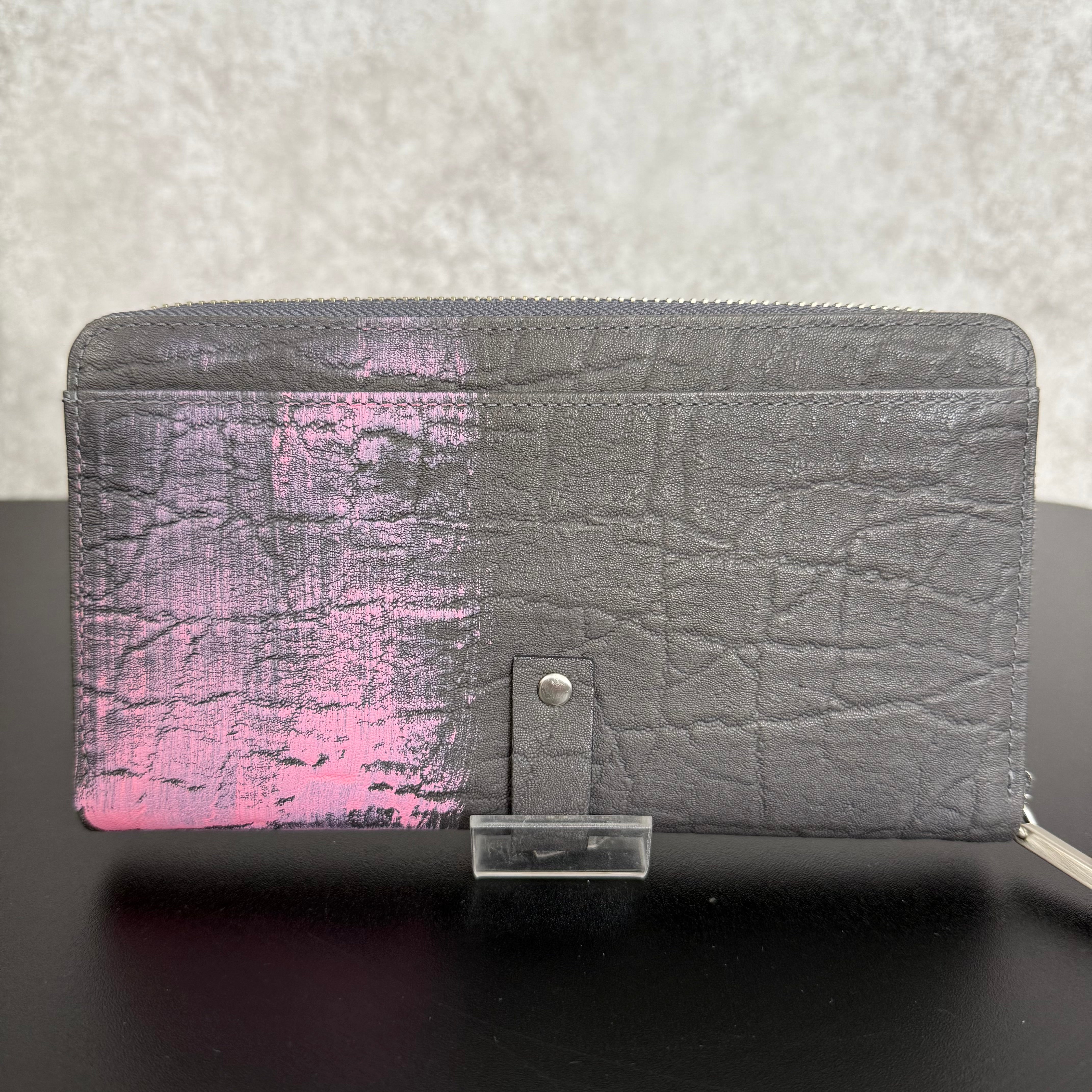 【MUL009】ラウンドロングウォレット ‐グレー‐ エレファント型押し シルバー金具 ピンクライン入り ※7/2〜7/12より事務所から順次発送予定