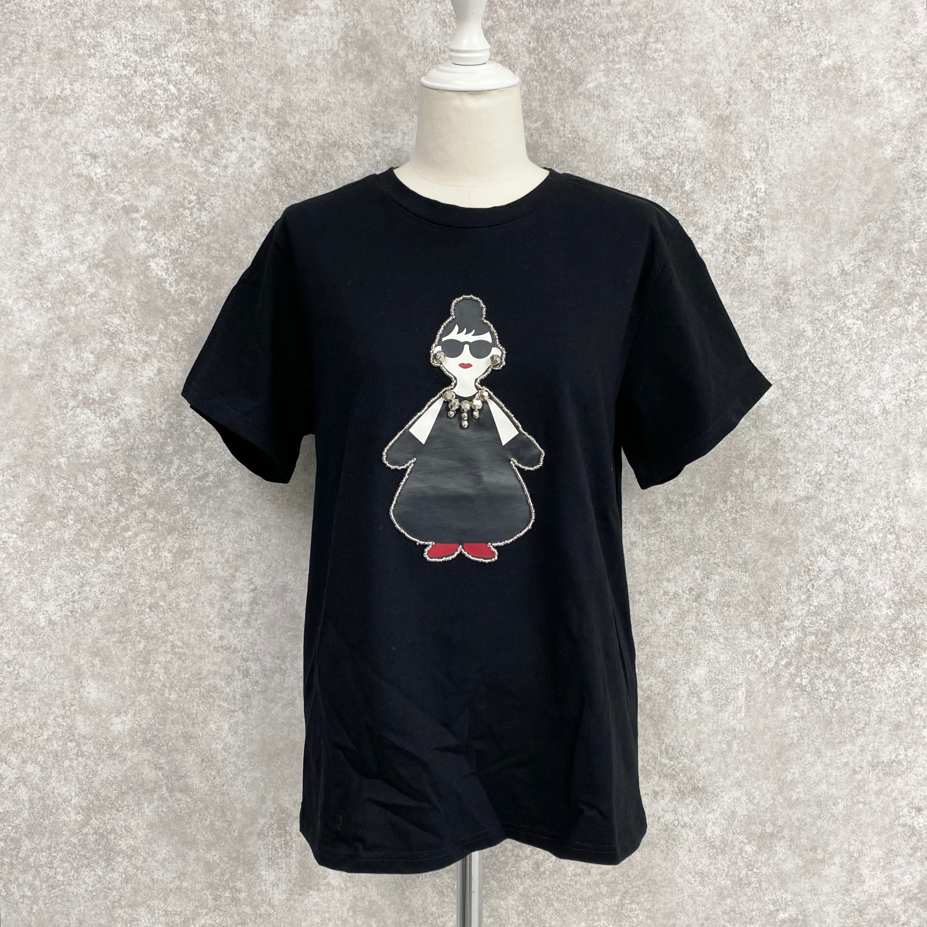 【HAPPYFACE】EMMA 全身ビーズ付きプリントTシャツ ブラック ※10/22〜28より順次配送