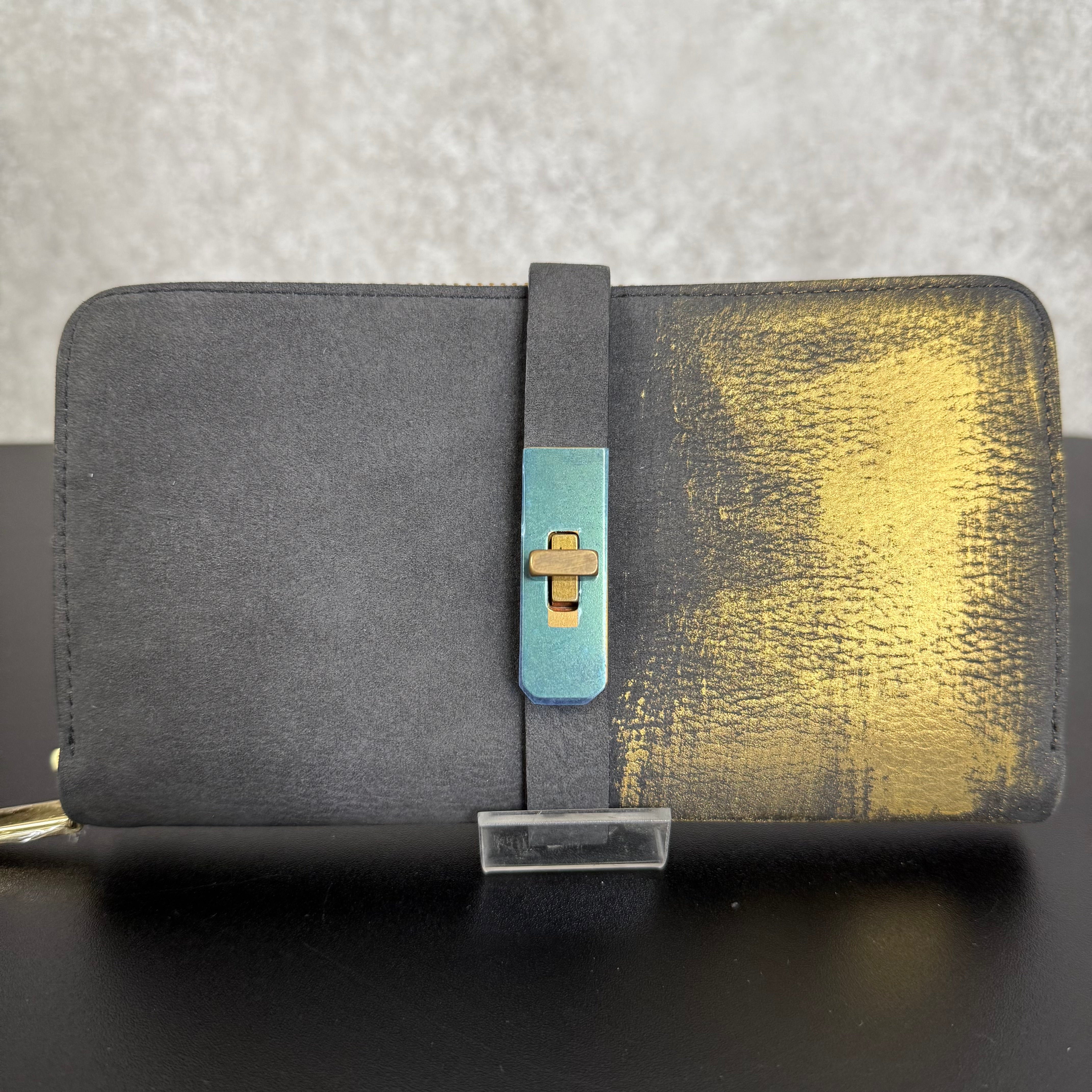 【MUL009】ラウンドロングウォレット ‐ヌバックブラック‐ 真鍮金具 ゴールドライン入り ※7/2〜7/12より事務所から順次発送予定