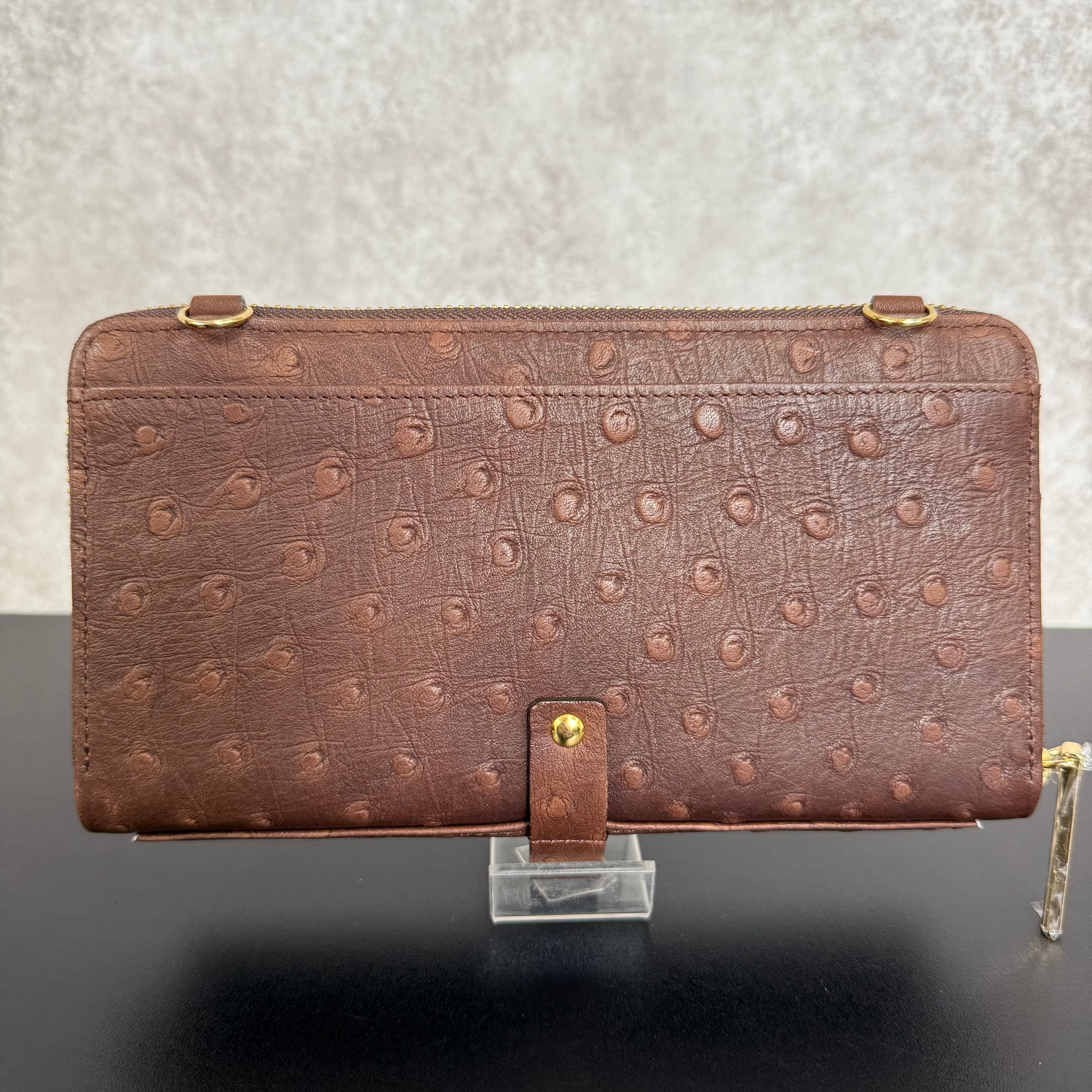 【MUL008】ウォレットショルダー -ブラウン‐ オーストリッチ型押し ゴールド金具 チェーンショルダー ゴールドライン入り ※7/2〜7/12より事務所から順次発送予定