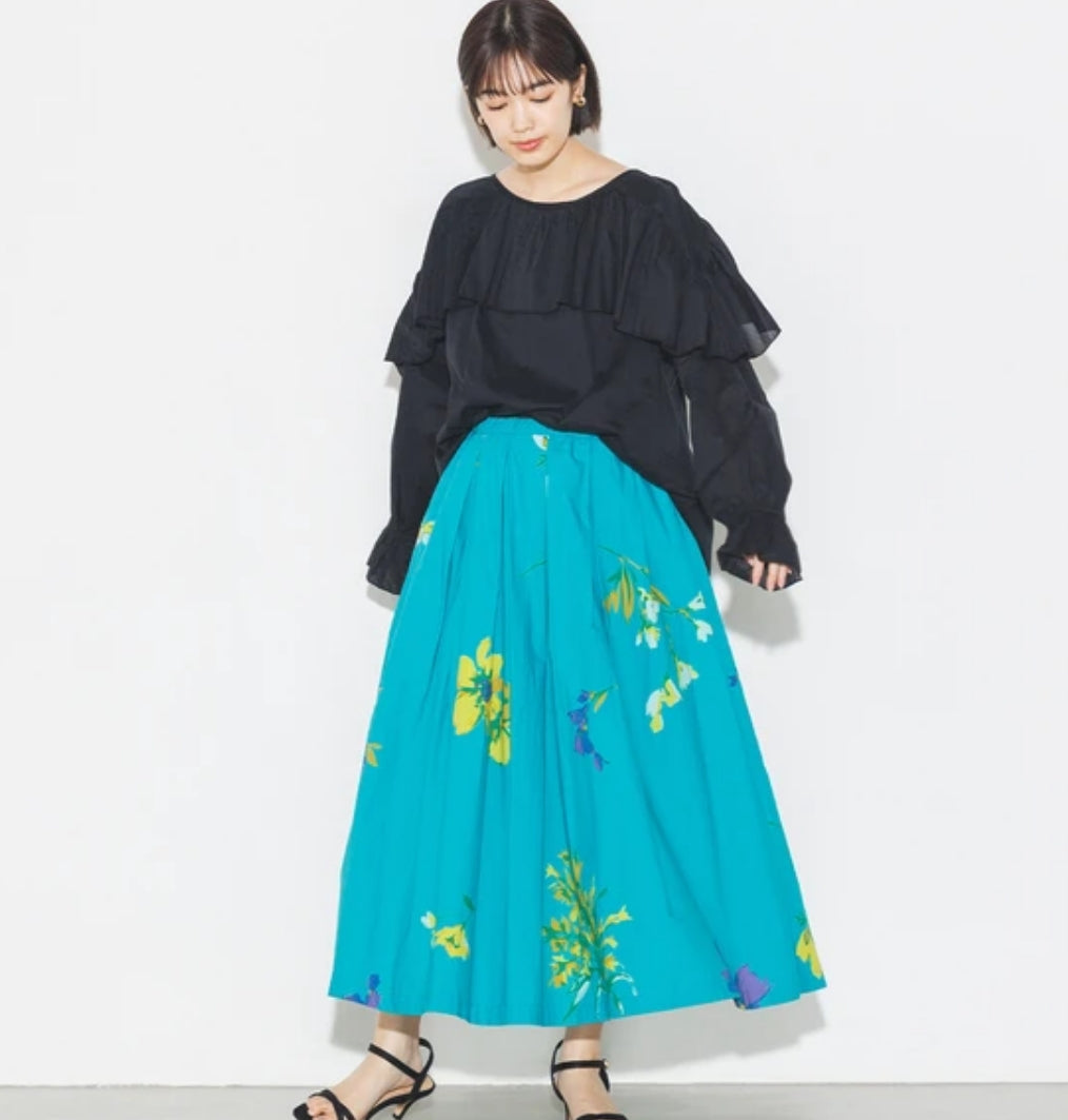 花柄タックスカート -ターコイズ‐ ※7/16~22頃より順次発送