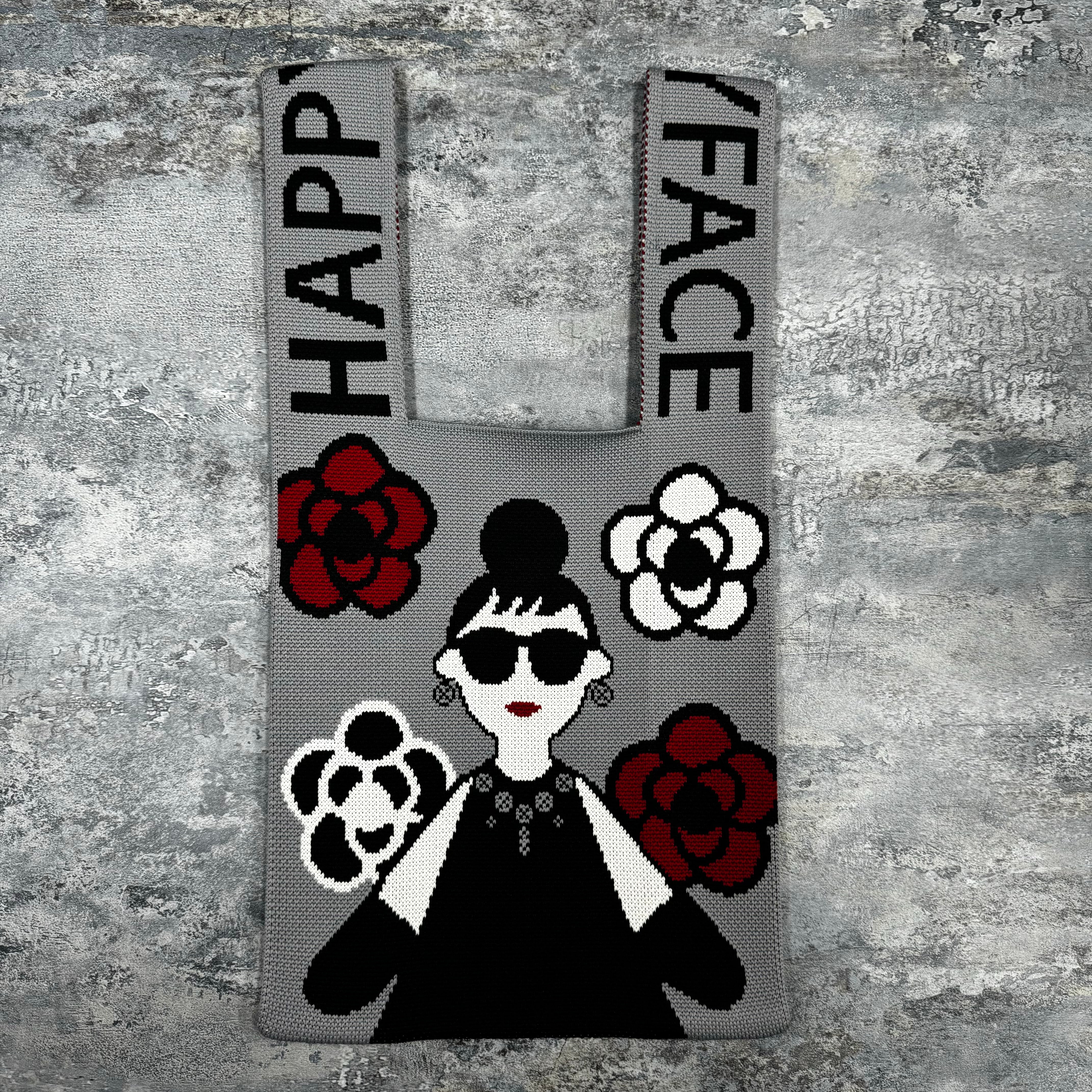 【HAPPYFACE】エマニットバッグ ロゴとアイコン グレー ※3/19~3/25迄に順次配送予定