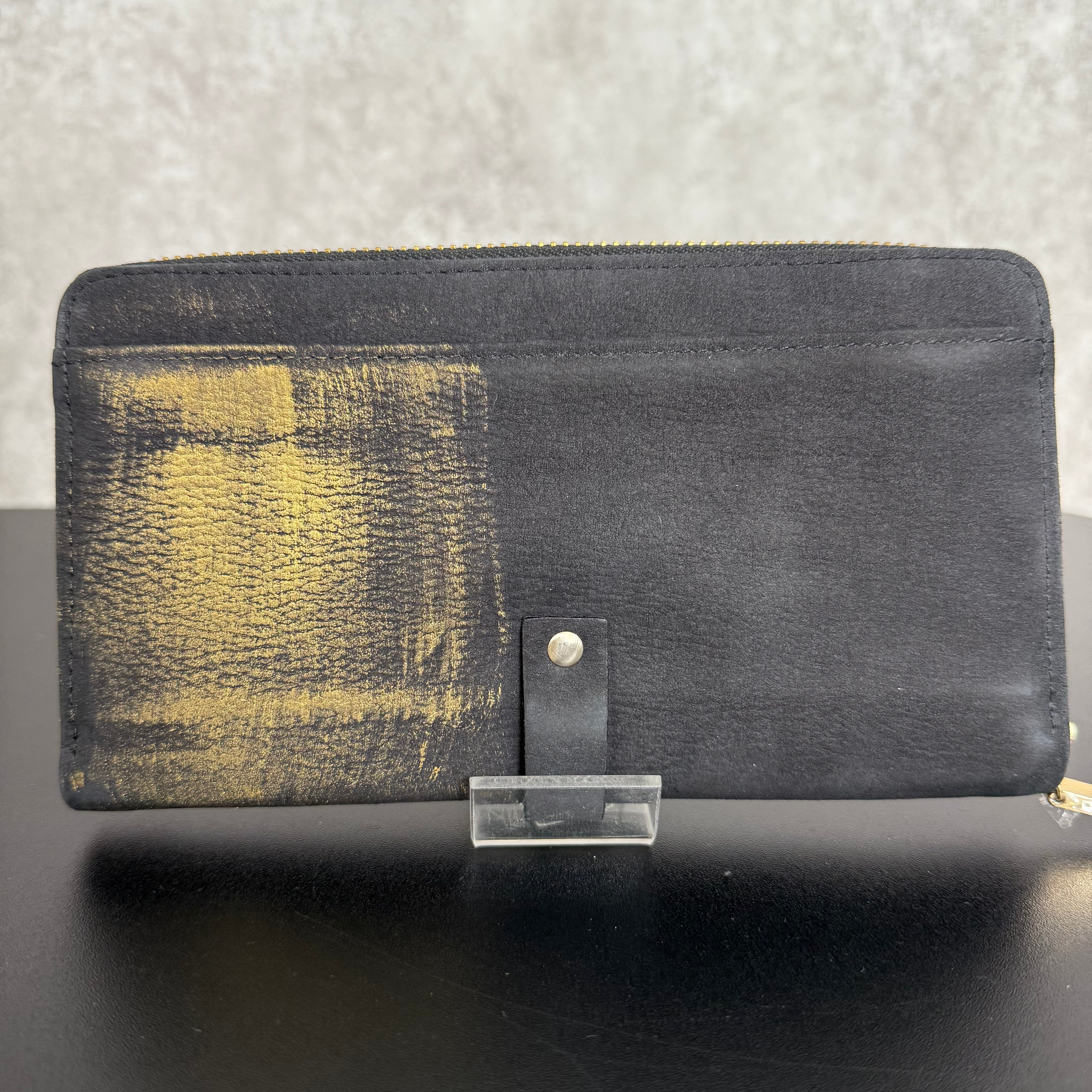 【MUL009】ラウンドロングウォレット ‐ヌバックブラック‐ 真鍮金具 ゴールドライン入り ※7/2〜7/12より事務所から順次発送予定