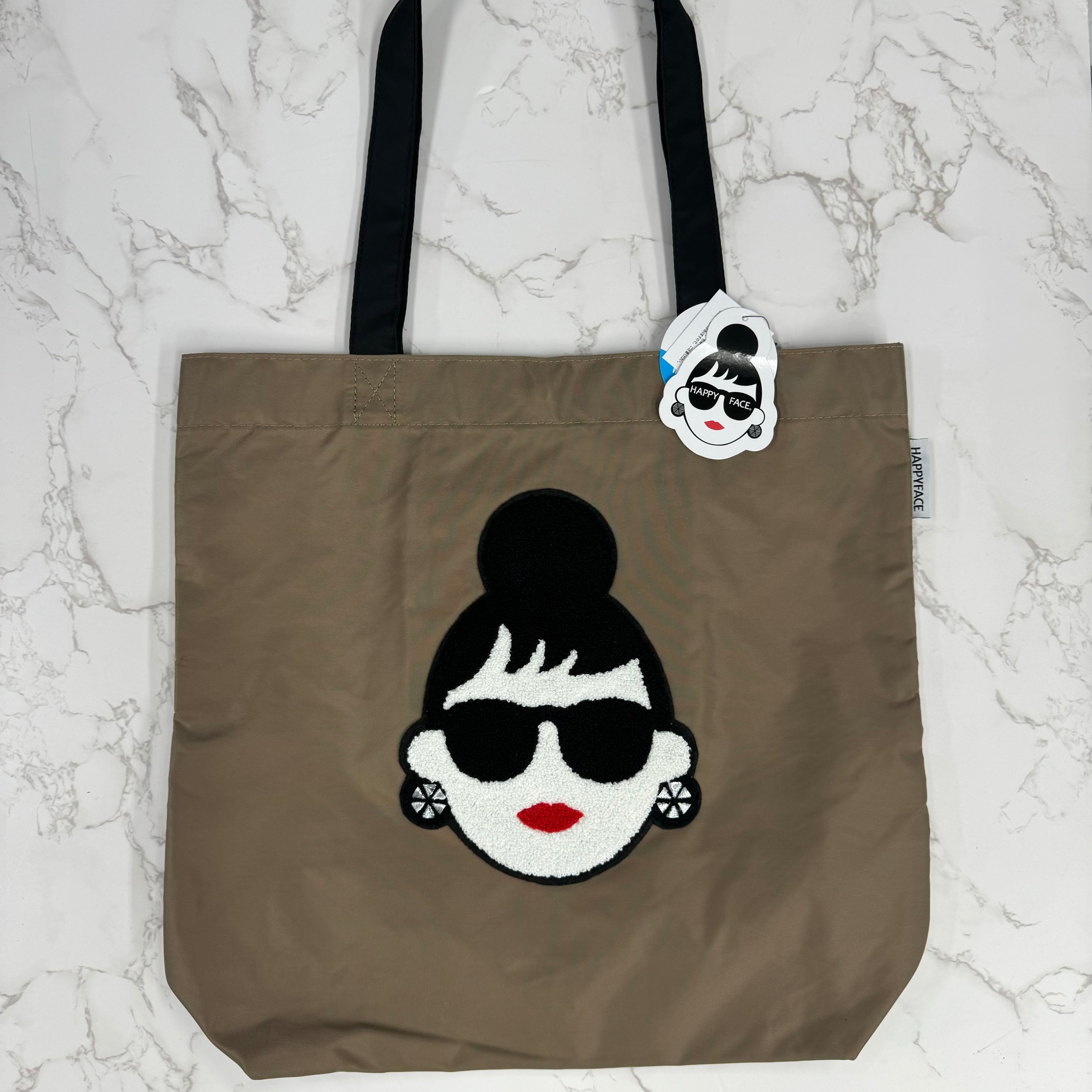 【HAPPYFACE】EMMA フェイス刺繡トートバッグ ベージュ ※7/30〜8/5迄に順次発送予定