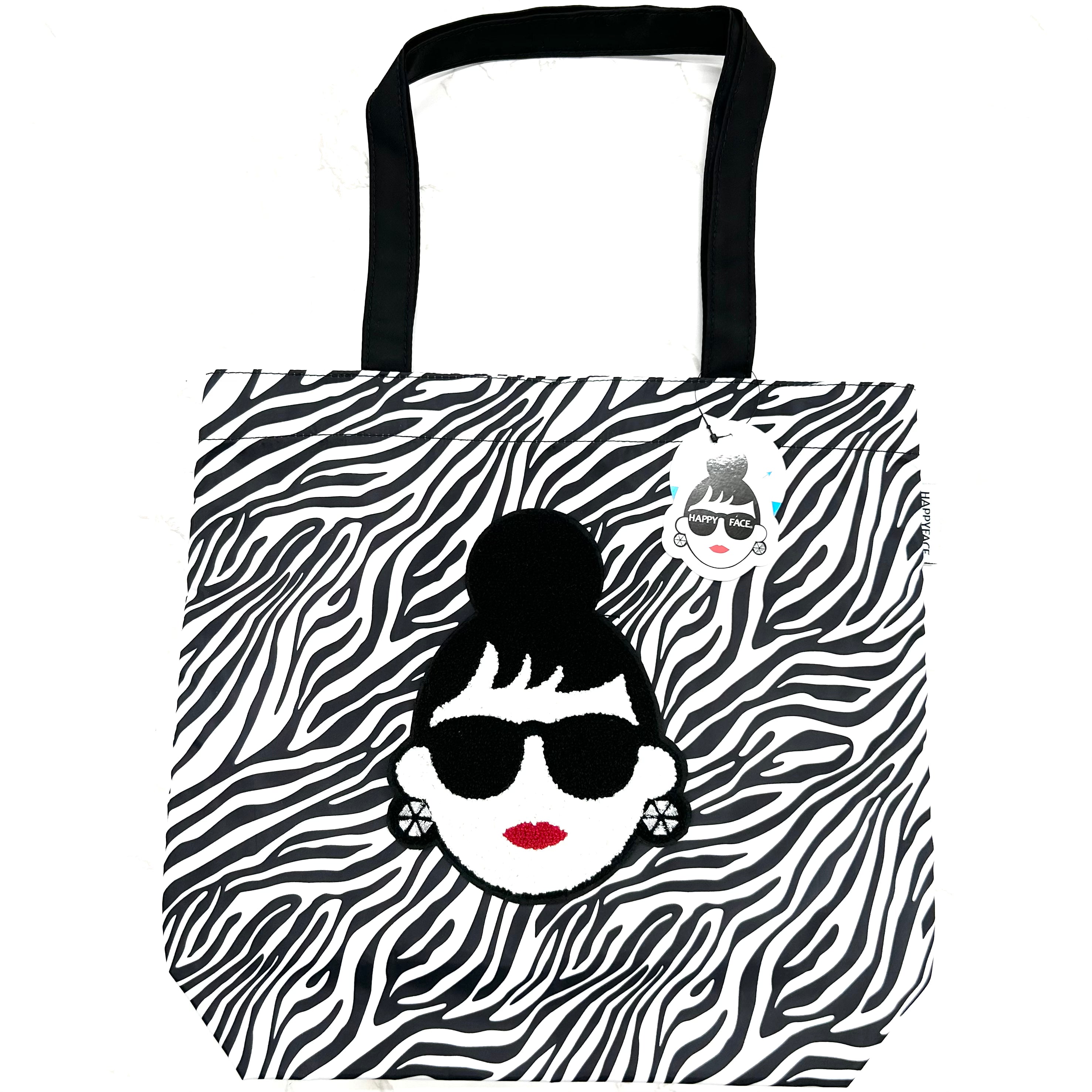【HAPPYFACE】EMMA フェイス刺繍トートバッグ ゼブラ柄 ※7/30〜8/5迄に順次発送予定