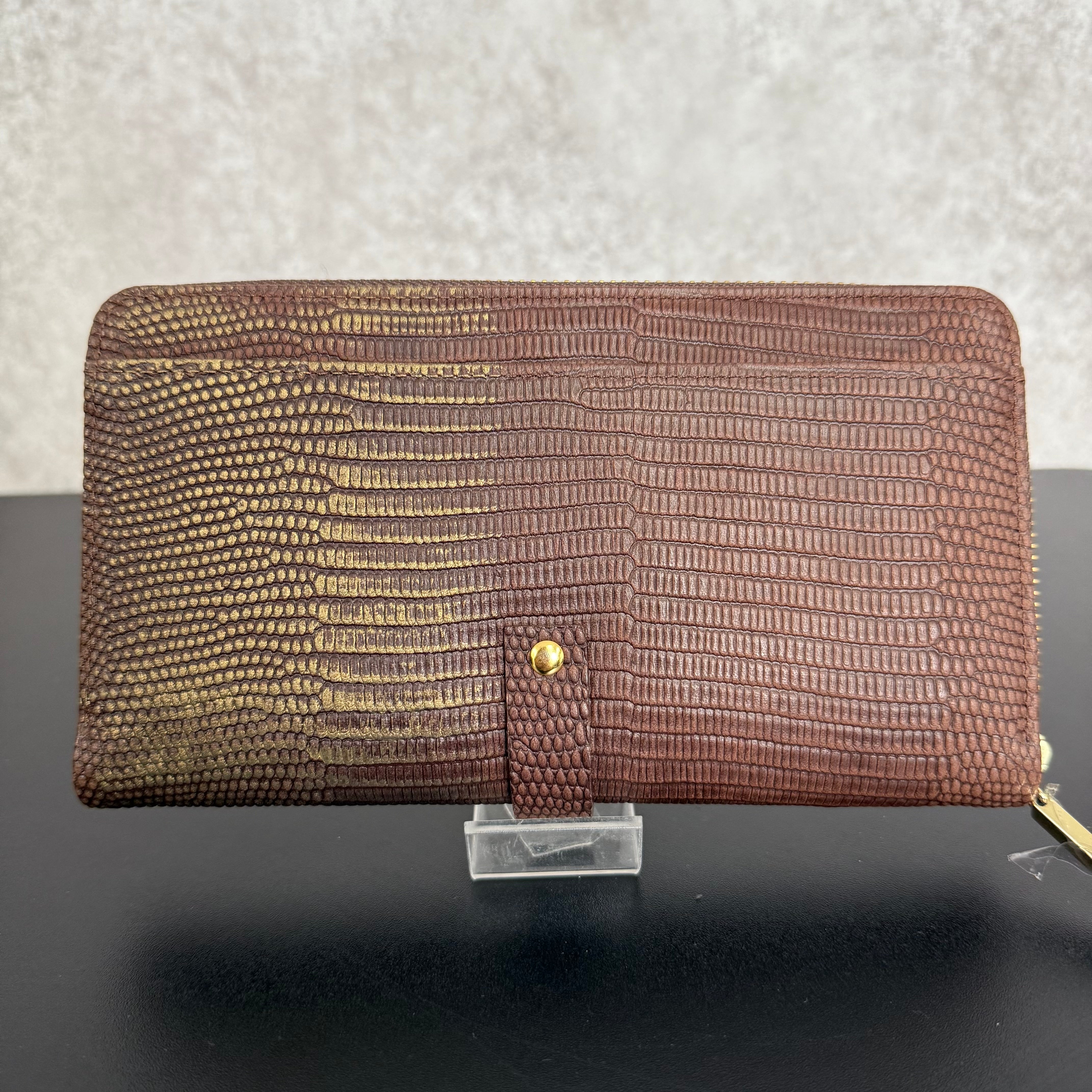 【MUL009】ラウンドロングウォレット ‐ブラウン‐ リザード型押し ゴールド金具 ゴールドライン入り ※7/2〜7/12より事務所から順次発送予定