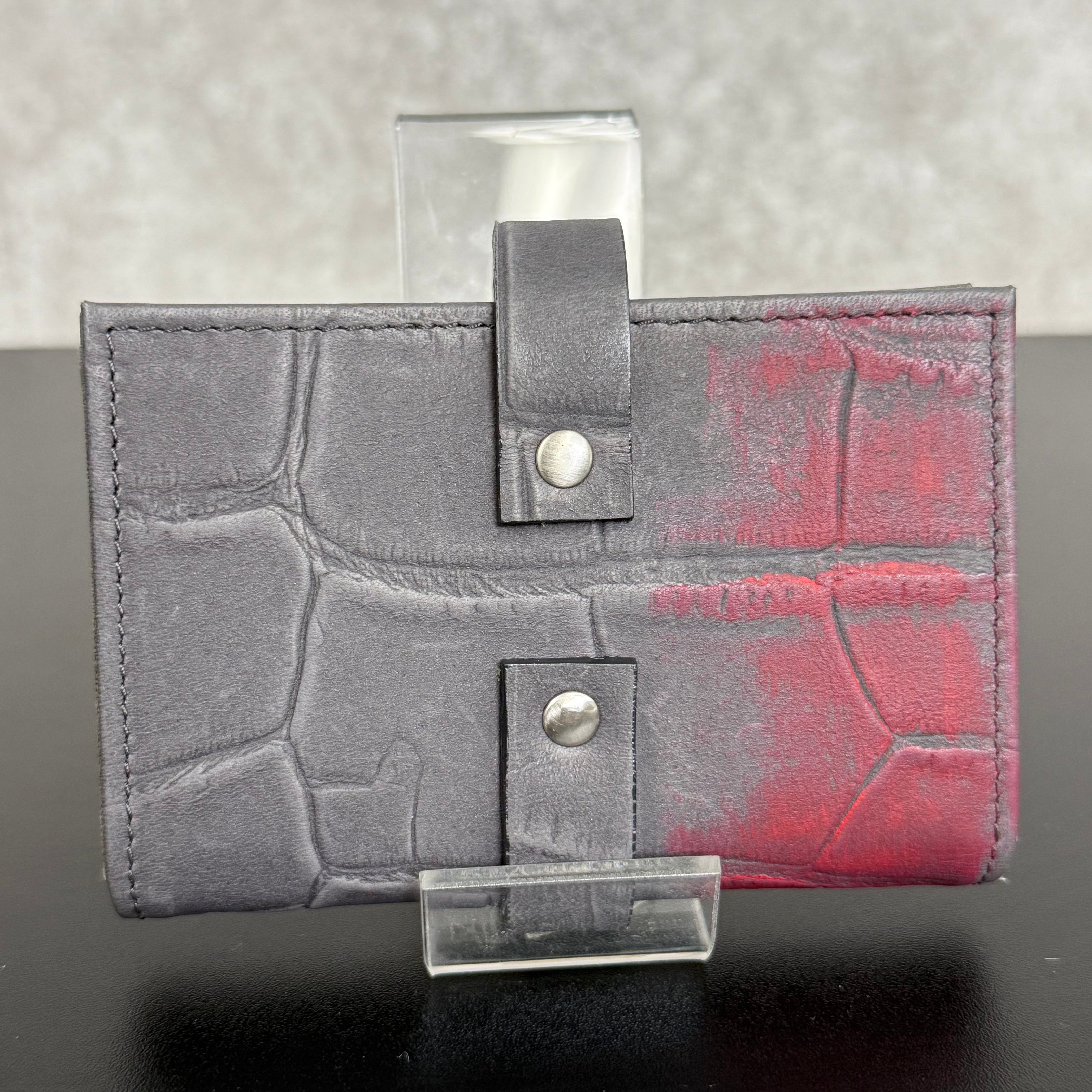 【MUL123】カードケース ‐グレー‐ クロコダイル型押し シルバー金具 ピンクライン入り ※7/2〜7/12より事務所から順次発送予定