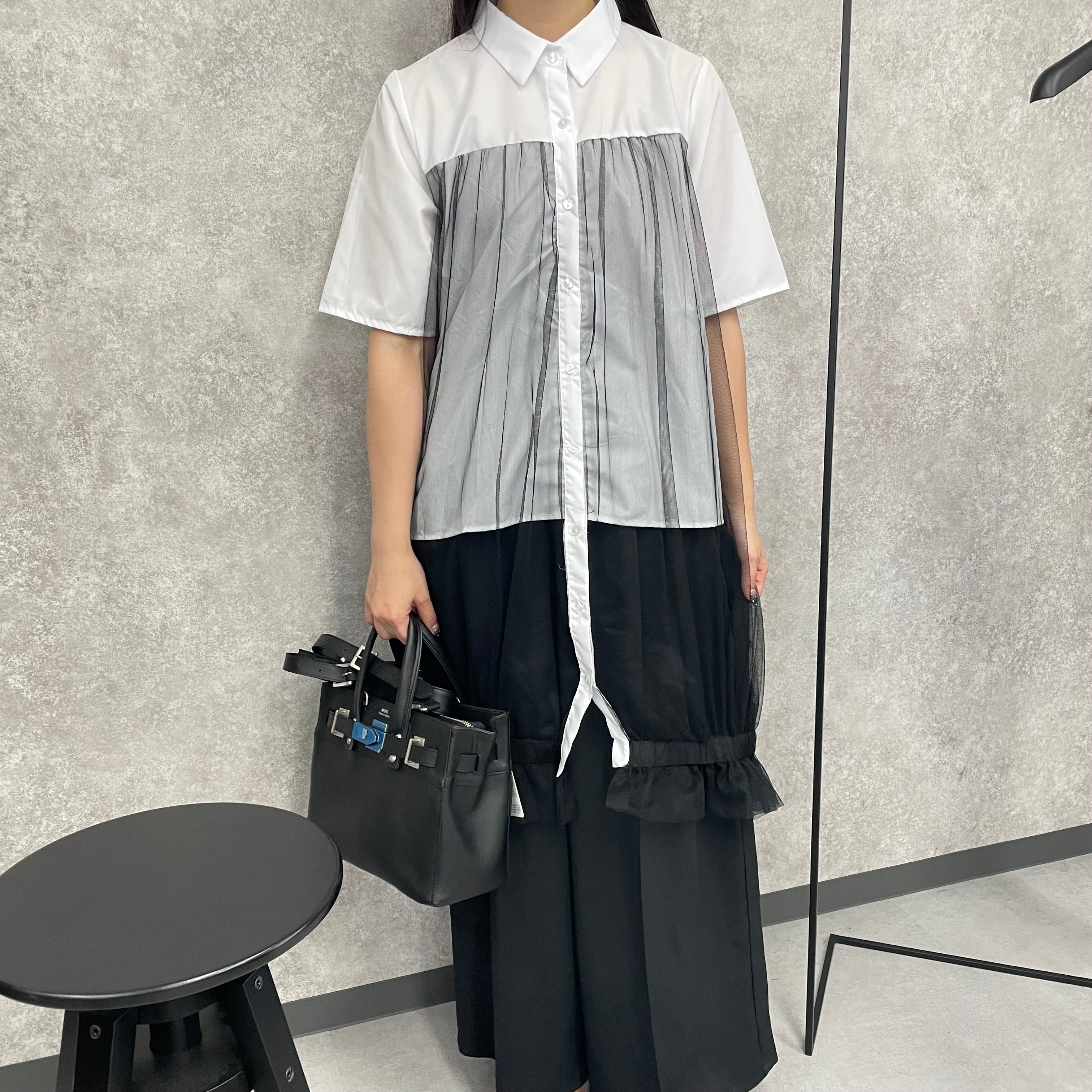 チュール切り替えシャツ ホワイト ※6/18-24より順次発送
