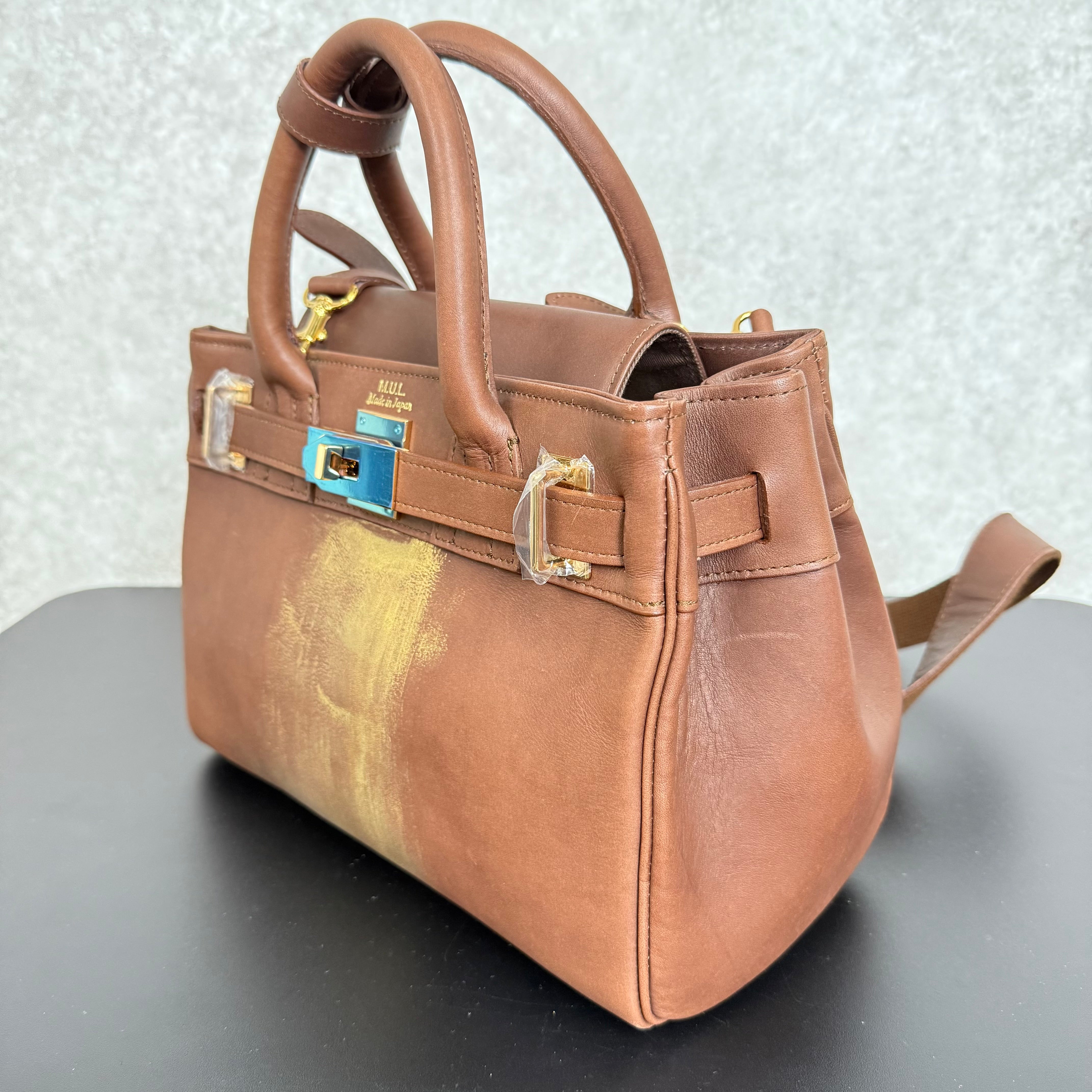 【MUL017】ショルダートートS ‐ブラウン‐ オイルレザー ゴールド金具 ゴールドライン入り ※7/2〜7/12より事務所から順次発送予定