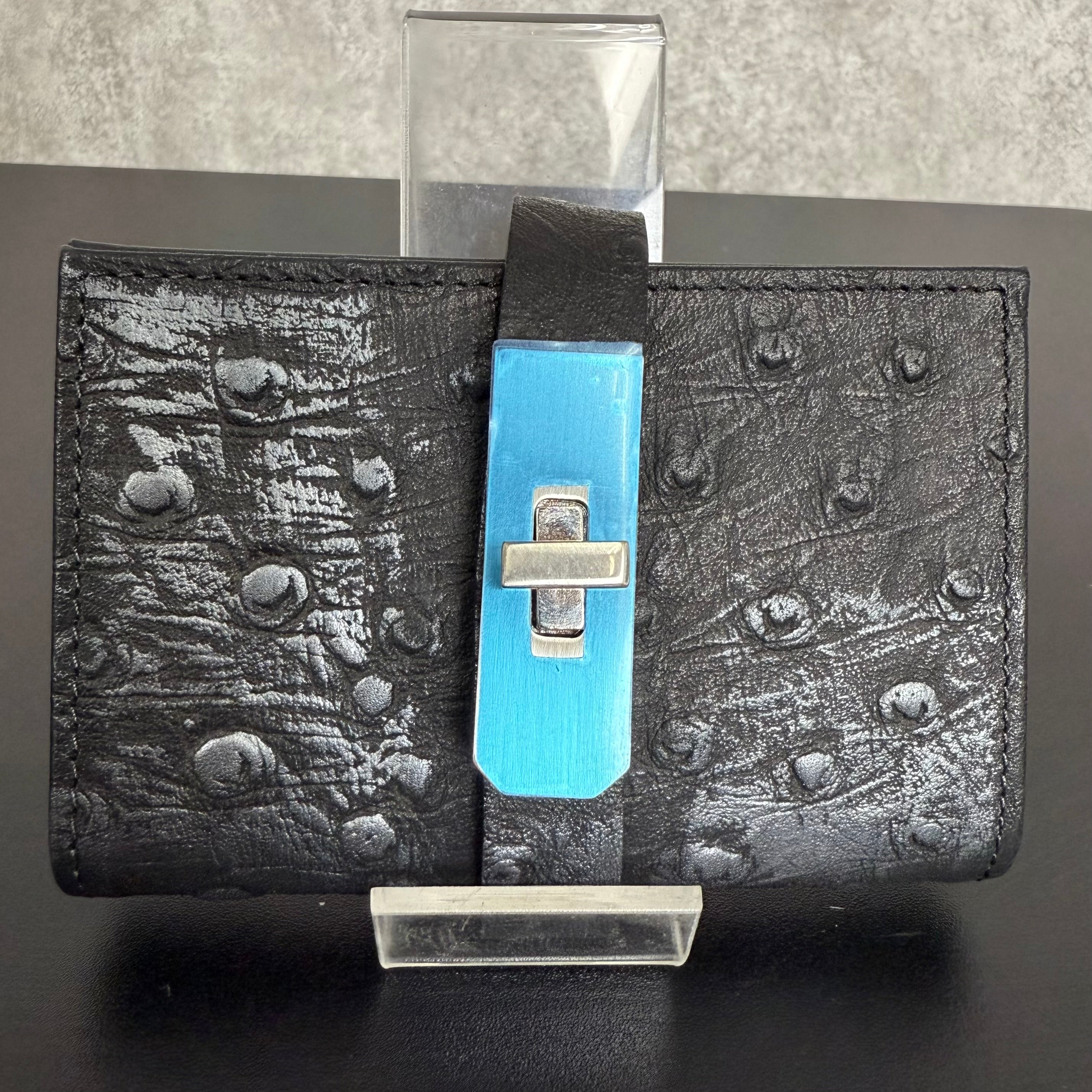 【MUL123】カードケース ‐ブラック‐ オーストリッチ型押し シルバー金具 シルバーライン入り ※7/2〜7/12より事務所から順次発送予定