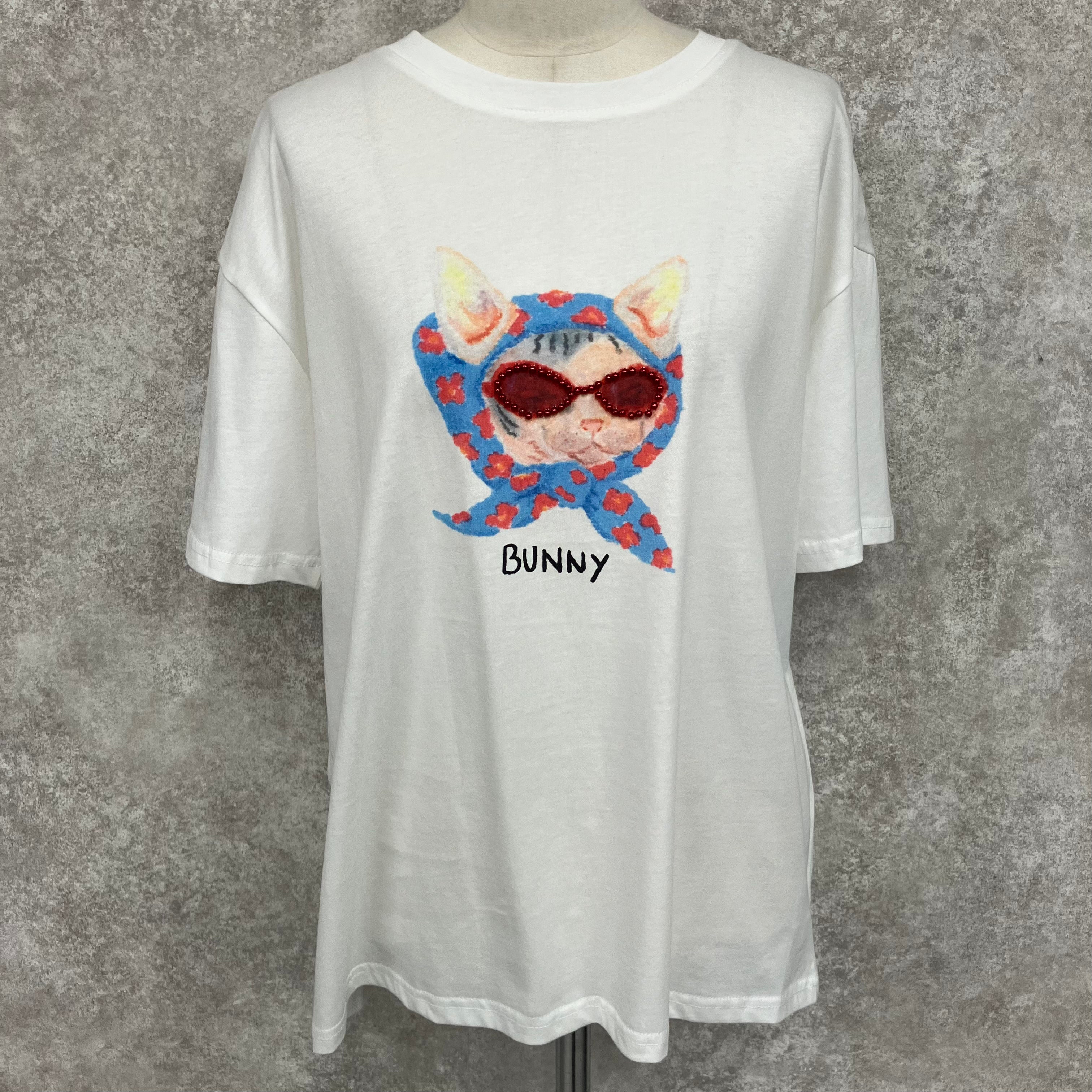 ビーズサングラスキャットTシャツ -ホワイト- ※7/30-8/5迄に順次発送予定