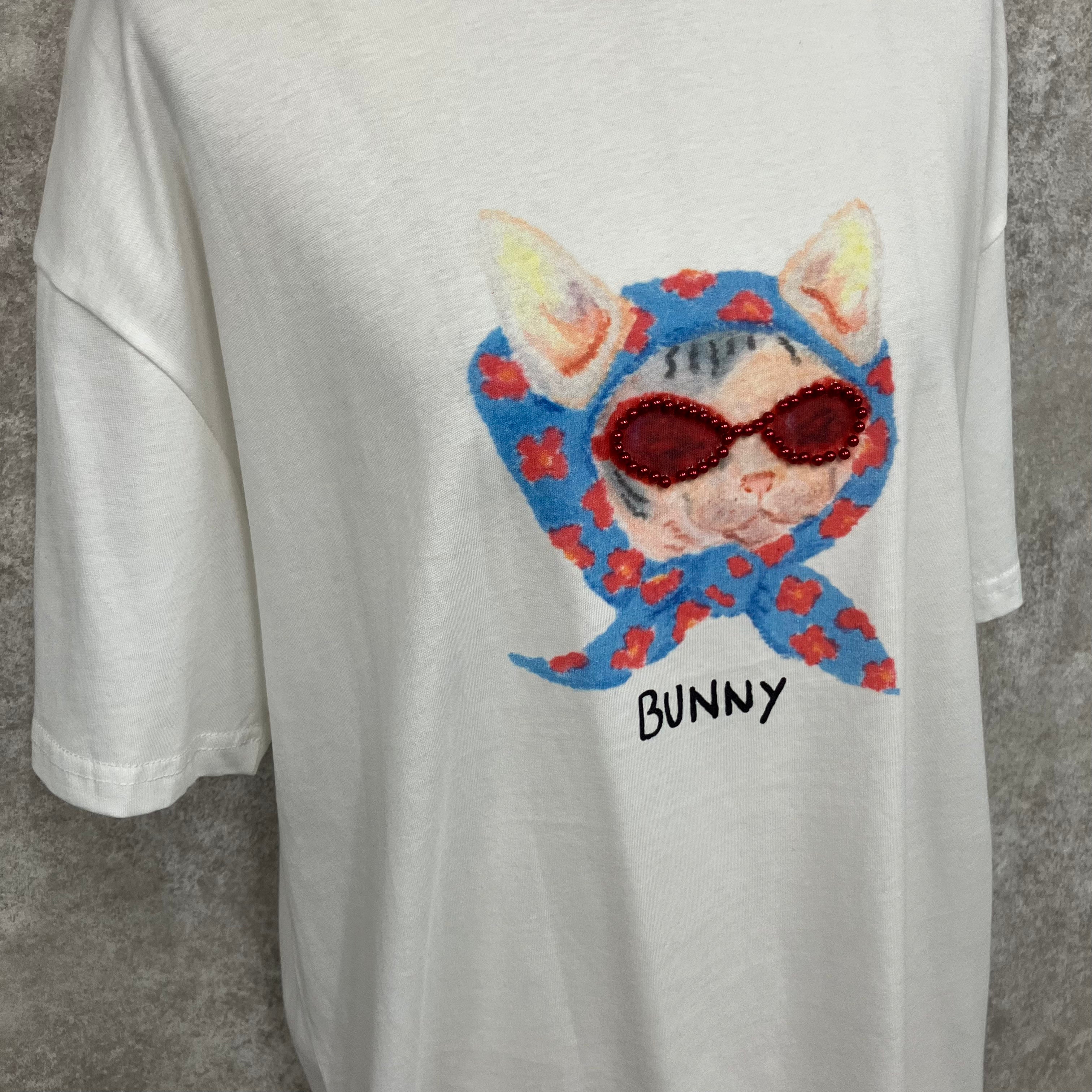 ビーズサングラスキャットTシャツ -ホワイト- ※7/30-8/5迄に順次発送予定