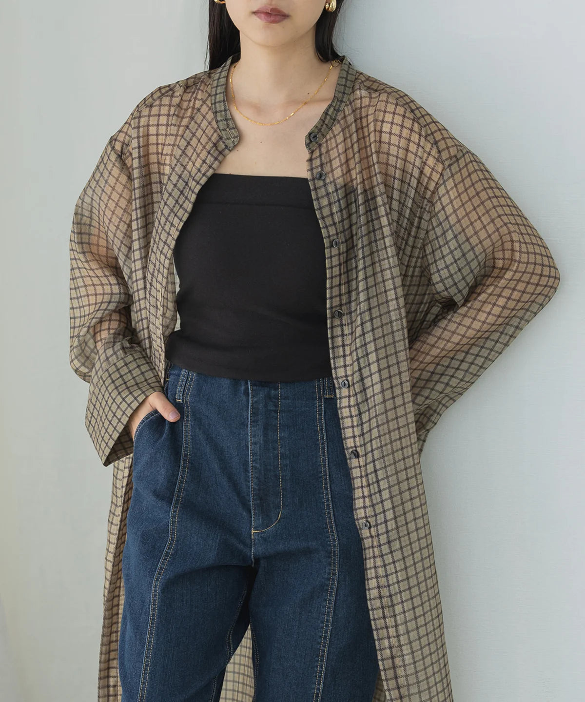 【hunch】シアーチェック バンドカラーシャツワンピース -ベージュ- ※8/27-9/2より順次配送予定