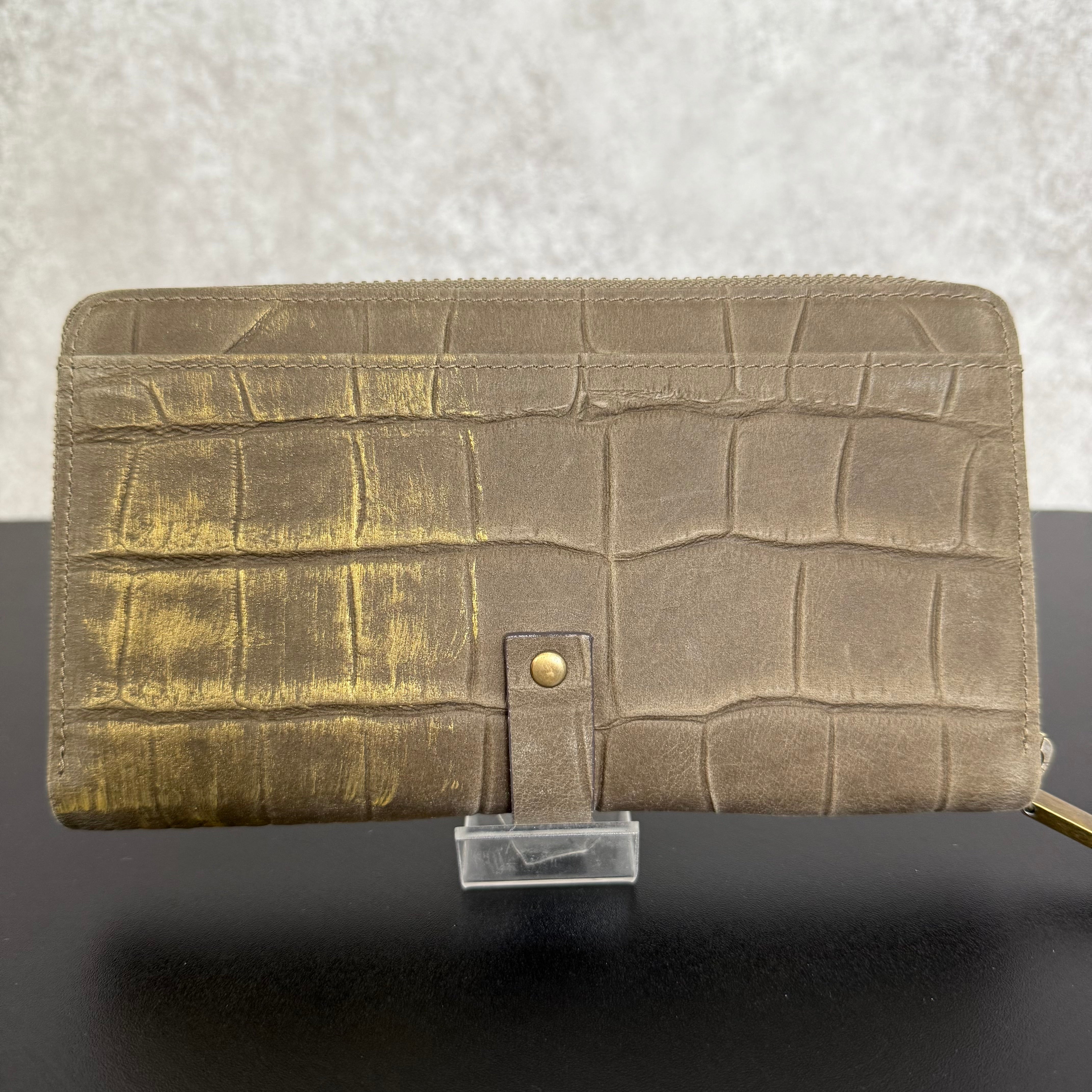 【MUL009】ラウンドロングウォレット　‐カーキ‐　クロコダイル型押し　真鍮金具　ゴールドライン入り　※7/2〜7/12より事務所から順次発送予定