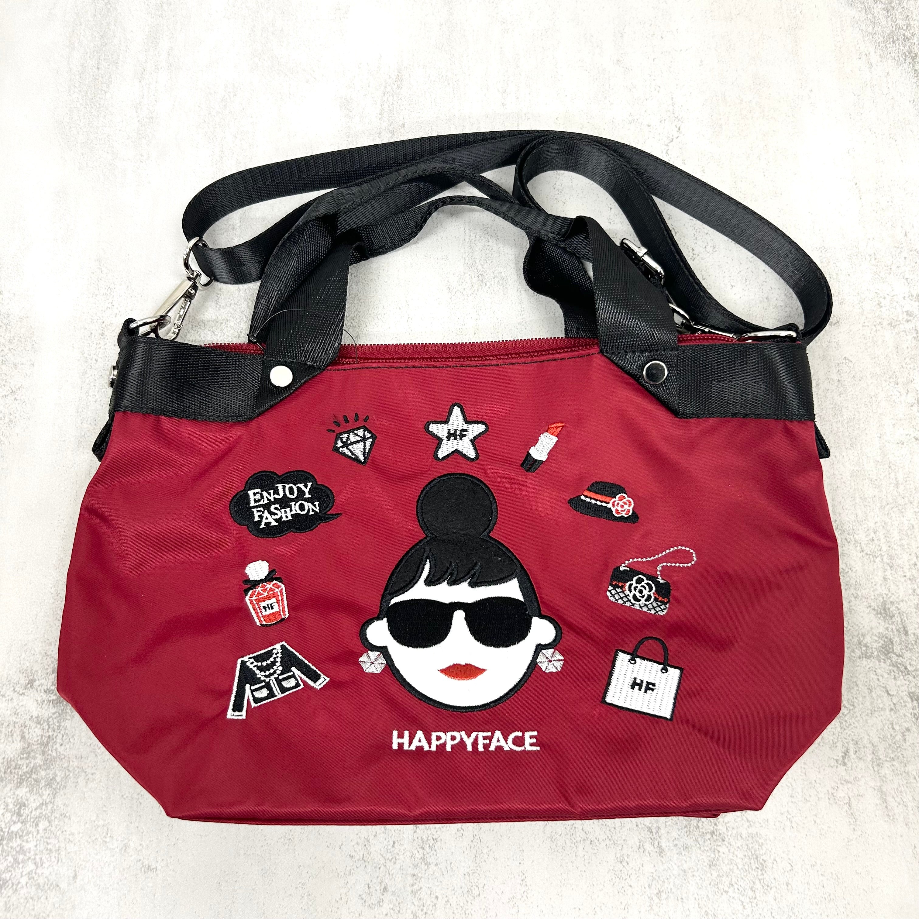 【HAPPYFACE】エマ フェイス刺繍2wayショルダーバッグ(小)　レッド　※10/22〜28より順次配送