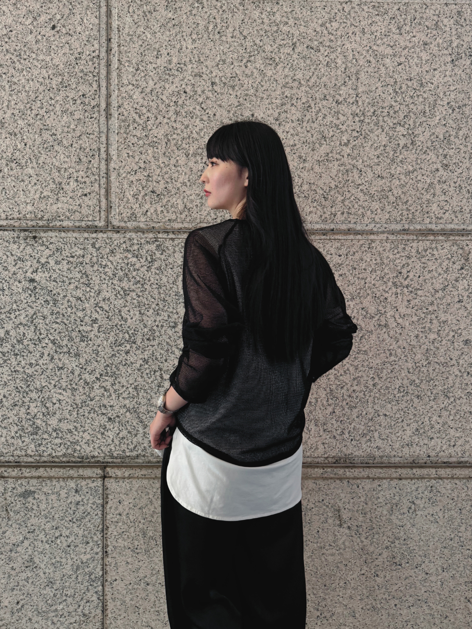 【ASYMM】TWIST LINE MESH TOPS -black-　※8/6〜12迄に順次発送予定