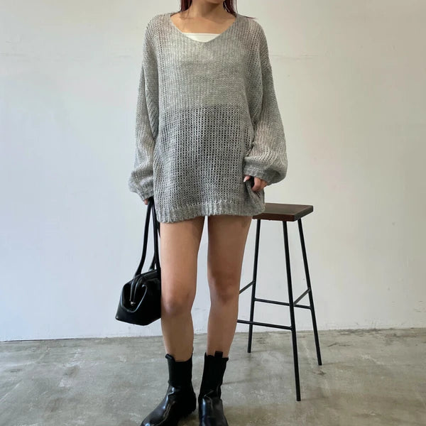 🉐大特価SALE🉐 透かし編みニットプルオーバー -杢グレー-　※4/23~29頃より順次発送予定