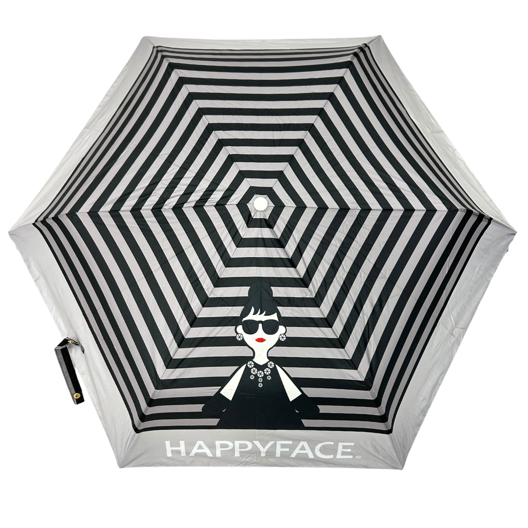 【HAPPYFACE】晴雨兼用折りたたみ傘　ストライプ　GY　※5/28〜6/3迄に順次発送予定
