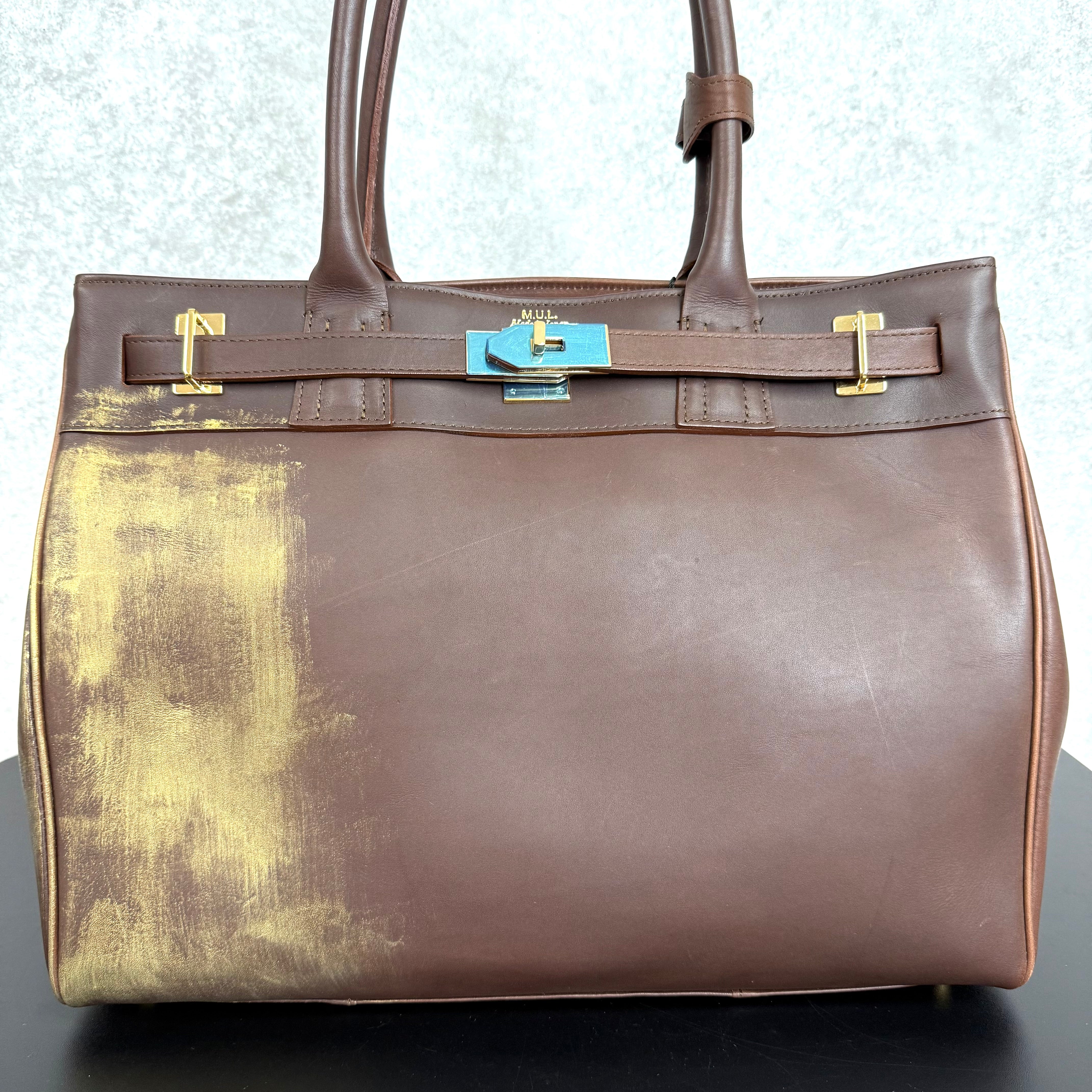 【MUL006】トートM　-ブラウン-　オイルレザー　ゴールド金具　ゴールドライン入り　※7/2〜7/12より事務所から順次発送予定