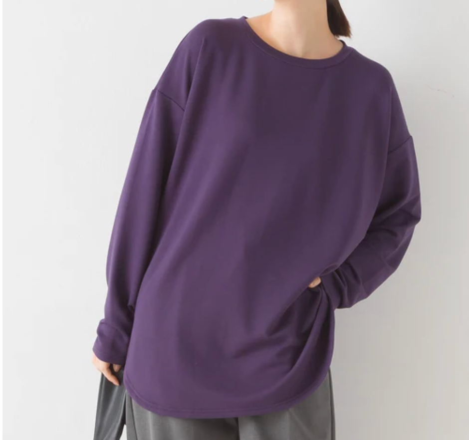 【+3℃蓄熱ストレッチ】裾ラウンド長袖Tシャツ　パープル　※3/26頃〜順次配送予定