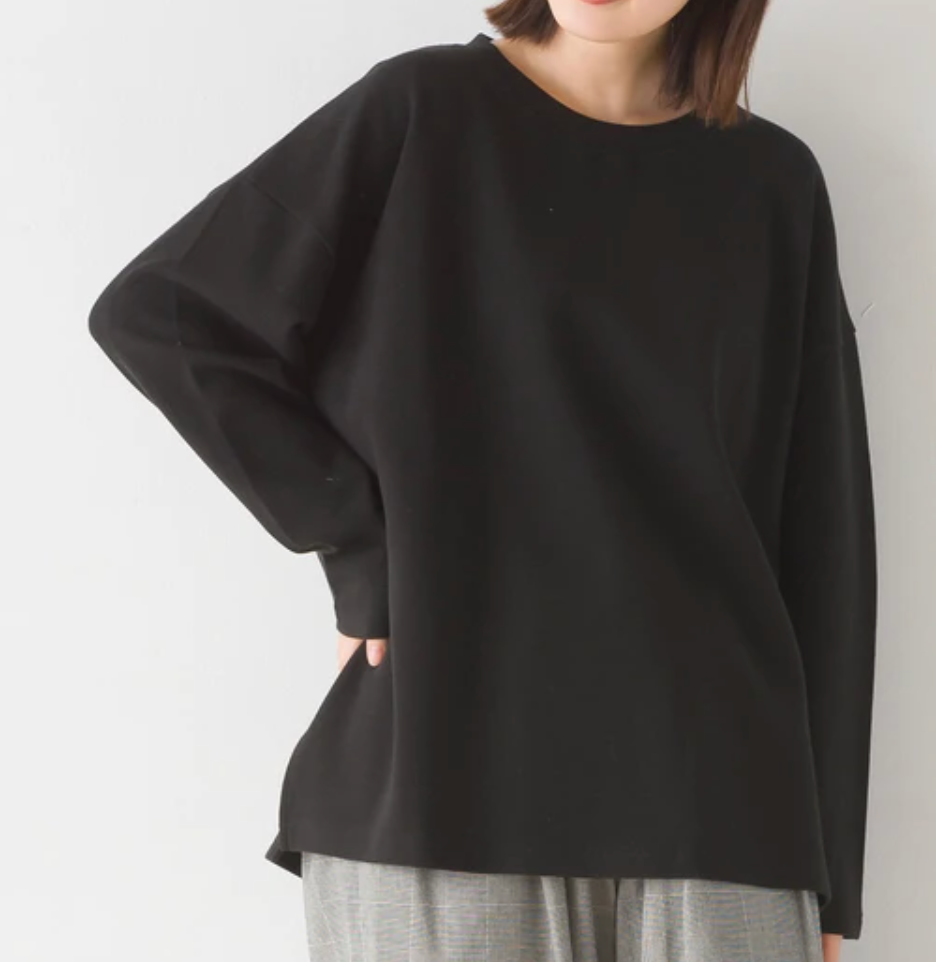 【開始5分SALE🉐】リップルダブルフェイス サイドスリット　長袖Tシャツ　ブラック　※8/20~26より順次発送予定