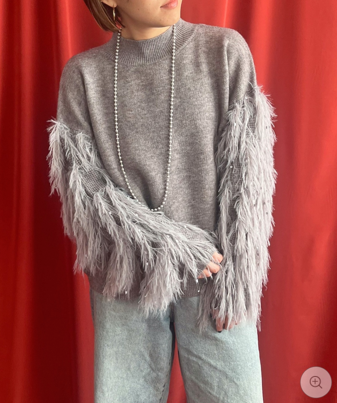 【LHELBIE】フリンジスリーブニットトップス  -グレー-　※10/22-28頃より順次配送予定