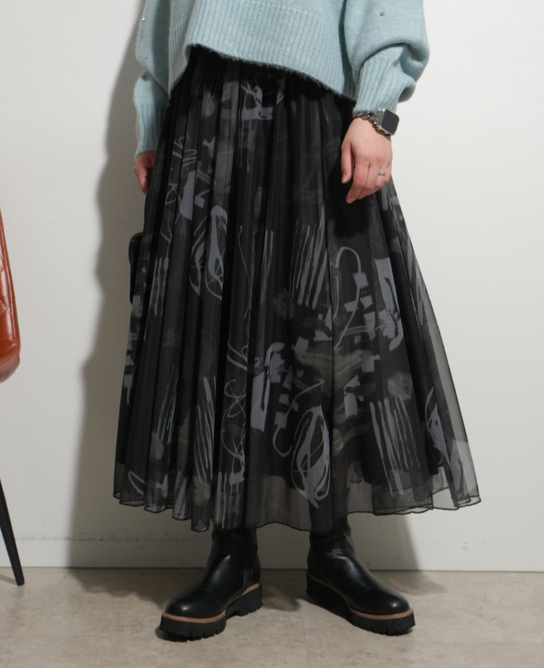 【Palm Riche】オリジナル柄シアースカート  -ブラック-　※10/22-28頃より順次配送予定