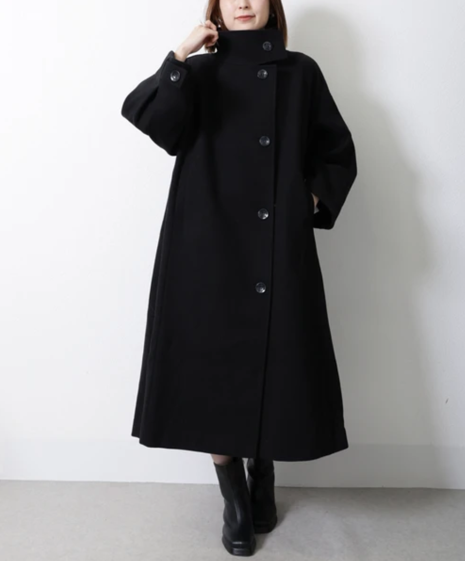 襟ビックデザイン ロングスタンドカラーコート　-ブラック-　※11/5~11/11頃より順次発送