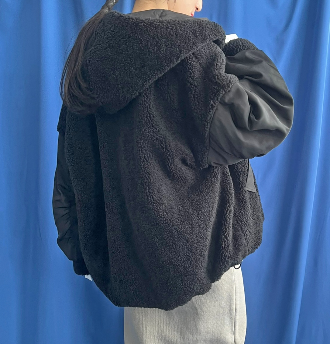 【 LHELBIE】MA-1スリーブビッグフードブルゾン　-ブラック-　※1/14〜20頃より順次発送予定