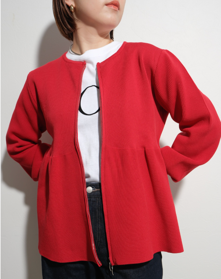 【Palm Riche】ペプラムzipニットカーデ　-レッド-　※12/17〜23頃より順次発送予定