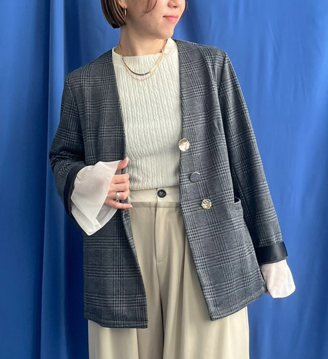 【 LHELBIE】アソート釦ノーカラージャケット　-ダークグレー-　※1/14〜20頃より順次発送予定
